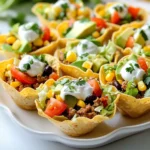 To make Fiesta Taco Salad Cups, gather these key ingredients: - 1 lb ground turkey or beef - 1 packet taco seasoning (or homemade seasoning) - 1 cup canned black beans, rinsed and drained - 1 cup corn kernels (fresh, frozen, or canned) - 1 cup cherry tomatoes, halved - 1 avocado, diced - 1 cup shredded lettuce (romaine or iceberg) - ½ cup shredded cheese (cheddar or a mix) - ¼ cup sour cream or Greek yogurt - 1 tablespoon lime juice - 12 small taco shells or tortilla cups - Fresh cilantro, chopped (for garnish) - Salt and pepper to taste Using these ingredients gives your taco cups great flavor and texture. The ground turkey or beef serves as the base, while the beans add protein. The corn and tomatoes bring sweetness and color. Don't forget the avocado for creaminess! You can use store-bought taco seasoning or make your own. Store-bought seasoning is quick and easy. Just follow the packet's instructions. Homemade seasoning allows you to control the spices. Mix these spices for a great flavor: - 1 tablespoon chili powder - 1 teaspoon cumin - 1 teaspoon garlic powder - 1 teaspoon onion powder - ½ teaspoon paprika - ½ teaspoon salt - ¼ teaspoon black pepper With homemade seasoning, you can adjust the heat or flavor to your liking. Taste as you go! Garnishes add a fresh touch to your taco cups. Here are my favorites: - Fresh cilantro, chopped - Lime wedges - Sliced jalapeños for heat - Extra shredded cheese - Diced red onions These garnishes not only look great but also enhance the flavor. Try different combinations to find your favorite! {{ingredient_image_1}} First, heat a large skillet over medium heat. Add the ground turkey or beef to the pan. Cook for about 7 to 10 minutes, stirring often. You want it to brown nicely. Make sure there is no pink left in the meat. After cooking, drain any extra fat from the pan. Next, add the taco seasoning to the meat. If you want, you can use a homemade mix. Pour in 2 to 3 tablespoons of water. Stir everything well. Let it simmer for about 5 minutes. This helps the meat soak up all those great flavors. Season with salt and pepper to taste. Set the meat aside when done. While the meat simmers, it’s time to prepare the toppings. In a bowl, combine the diced avocado, halved cherry tomatoes, corn, and black beans. Drizzle with lime juice. This adds a nice zing. Sprinkle a pinch of salt for taste. Gently toss the mixture to combine. Be careful not to mash the avocado. You want those pretty chunks to stay whole. Set this bowl aside for later. Now comes the fun part: assembling the taco salad cups! Grab your taco shells or tortilla cups. Start by filling each cup with a generous spoonful of the seasoned meat. Make sure it’s filled nicely. On top of the meat, add a spoonful of the avocado-corn-tomato mixture. Then, layer some shredded lettuce. Finish with a sprinkle of shredded cheese. For a creamy touch, add a dollop of sour cream or Greek yogurt. Top everything off with fresh chopped cilantro for a burst of color. Arrange the taco cups on a large platter. You can also serve lime wedges on the side for extra zest. Enjoy your colorful fiesta! When you cook meat, start with a hot skillet. This helps brown the meat well. I like to use ground turkey or beef. Brown it for about 7-10 minutes. Make sure it's fully cooked. Drain any fat to keep it lean. After that, add taco seasoning. A splash of water helps it mix well. Let it simmer for five minutes. This makes the meat juicy and full of flavor. To dice an avocado, first cut it in half. Remove the pit by carefully tapping a knife into it. Twist to pull it out. Now, scoop the flesh into a bowl. Cut it into small squares while still in the skin. Use a spoon to scoop out the pieces. This method keeps your avocado neat and fresh. For parties, arrange the taco cups on a big platter. This makes them easy to grab. You can add lime wedges for an extra zest. Guests love to squeeze lime on top! Also, consider setting out extra toppings. Things like salsa, jalapeños, or extra cheese can make it fun. This way, everyone can customize their own cup. Pro Tips Choose Lean Meat: Opt for lean ground turkey or beef to keep your taco cups healthier without sacrificing flavor. Customize Your Toppings: Feel free to add other toppings like jalapeños, olives, or diced bell peppers to suit your taste. Make Ahead: Prepare the meat mixture and toppings ahead of time to save time during assembly when serving guests. Vibrant Presentation: Use a variety of colored vegetables for garnish to make your taco salad cups visually appealing. {{image_2}} You can easily make this dish vegetarian or vegan. Replace the ground turkey or beef with cooked lentils or black beans. This keeps the protein but makes it plant-based. Use vegan cheese or skip it altogether. For the sour cream, opt for cashew cream or a dairy-free yogurt. Your friends will love the taste just as much! If you want a different protein, try cooked chicken or tofu. For chicken, shred cooked rotisserie chicken for ease. If you choose tofu, press it to remove extra water, then cube and sauté it. Add taco seasoning to boost the flavor. These swaps keep the meal fun and fresh. You can elevate your taco cups with different dressings and sauces. A zesty lime vinaigrette adds a bright kick. You can also use salsa or guacamole for a rich flavor. For a creamy touch, try ranch dressing or a spicy mayo. Each option brings its own twist to the dish! To store leftover salad cups, keep them in an airtight container. Place a paper towel inside to absorb moisture. This keeps the shells crisp. Store in the fridge for up to three days. Avoid stacking the cups to prevent them from getting soggy. If you want to reheat the salad cups, take out the meat mixture. Warm it in a skillet over medium heat. Stir occasionally until hot. This usually takes about 5 minutes. You can warm the taco shells in the oven for a few minutes too. Just keep an eye on them so they don’t burn. You can prep many parts ahead of time. Cook the meat and store it in the fridge. Chop the veggies and keep them in separate containers. This way, you can quickly assemble the cups later. If you want to make the taco shells crispy, bake them right before serving. Making things easy makes cooking fun! Yes, you can make Fiesta Taco Salad Cups ahead of time. Prepare the meat and toppings separately. Store them in the fridge in airtight containers. When ready to serve, fill the taco cups and enjoy. This method saves time, especially for parties or busy days. You can add many fun toppings to your taco cups. Here are some ideas: - Sliced jalapeños for heat - Chopped green onions for crunch - Black olives for a briny taste - Salsa for extra flavor - Guacamole for creaminess Feel free to mix and match your favorites! Making taco seasoning from scratch is easy and fun. You will need these simple spices: - 1 tablespoon chili powder - 1 teaspoon cumin - 1 teaspoon garlic powder - 1 teaspoon onion powder - 1 teaspoon paprika - 1 teaspoon oregano - Salt and pepper to taste Mix all the spices in a bowl. Use this seasoning for your meat when cooking. Adjust the amounts to suit your taste! Fiesta Taco Salad Cups are fun and easy to make. We covered main ingredients and seasoning options. I shared tips for cooking meat and dicing avocados. You can customize with veggie options or alternative proteins. Remember, these cups are great for parties and easy to prep ahead. Store leftovers properly to enjoy later. With these ideas, you'll impress your friends and family. Enjoy making and sharing your delicious Fiesta Taco Salad Cups!