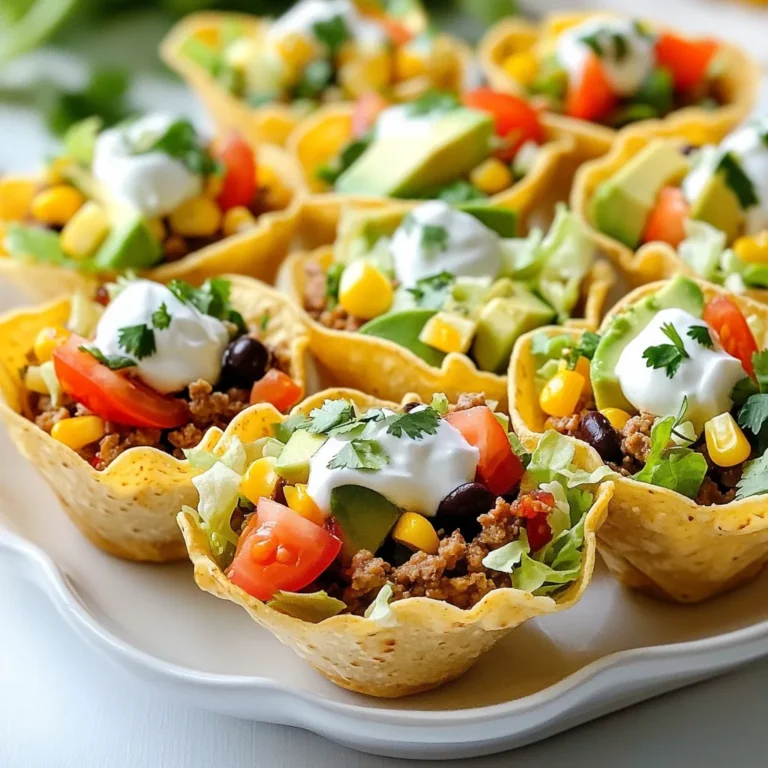 To make Fiesta Taco Salad Cups, gather these key ingredients: - 1 lb ground turkey or beef - 1 packet taco seasoning (or homemade seasoning) - 1 cup canned black beans, rinsed and drained - 1 cup corn kernels (fresh, frozen, or canned) - 1 cup cherry tomatoes, halved - 1 avocado, diced - 1 cup shredded lettuce (romaine or iceberg) - ½ cup shredded cheese (cheddar or a mix) - ¼ cup sour cream or Greek yogurt - 1 tablespoon lime juice - 12 small taco shells or tortilla cups - Fresh cilantro, chopped (for garnish) - Salt and pepper to taste Using these ingredients gives your taco cups great flavor and texture. The ground turkey or beef serves as the base, while the beans add protein. The corn and tomatoes bring sweetness and color. Don't forget the avocado for creaminess! You can use store-bought taco seasoning or make your own. Store-bought seasoning is quick and easy. Just follow the packet's instructions. Homemade seasoning allows you to control the spices. Mix these spices for a great flavor: - 1 tablespoon chili powder - 1 teaspoon cumin - 1 teaspoon garlic powder - 1 teaspoon onion powder - ½ teaspoon paprika - ½ teaspoon salt - ¼ teaspoon black pepper With homemade seasoning, you can adjust the heat or flavor to your liking. Taste as you go! Garnishes add a fresh touch to your taco cups. Here are my favorites: - Fresh cilantro, chopped - Lime wedges - Sliced jalapeños for heat - Extra shredded cheese - Diced red onions These garnishes not only look great but also enhance the flavor. Try different combinations to find your favorite! {{ingredient_image_1}} First, heat a large skillet over medium heat. Add the ground turkey or beef to the pan. Cook for about 7 to 10 minutes, stirring often. You want it to brown nicely. Make sure there is no pink left in the meat. After cooking, drain any extra fat from the pan. Next, add the taco seasoning to the meat. If you want, you can use a homemade mix. Pour in 2 to 3 tablespoons of water. Stir everything well. Let it simmer for about 5 minutes. This helps the meat soak up all those great flavors. Season with salt and pepper to taste. Set the meat aside when done. While the meat simmers, it’s time to prepare the toppings. In a bowl, combine the diced avocado, halved cherry tomatoes, corn, and black beans. Drizzle with lime juice. This adds a nice zing. Sprinkle a pinch of salt for taste. Gently toss the mixture to combine. Be careful not to mash the avocado. You want those pretty chunks to stay whole. Set this bowl aside for later. Now comes the fun part: assembling the taco salad cups! Grab your taco shells or tortilla cups. Start by filling each cup with a generous spoonful of the seasoned meat. Make sure it’s filled nicely. On top of the meat, add a spoonful of the avocado-corn-tomato mixture. Then, layer some shredded lettuce. Finish with a sprinkle of shredded cheese. For a creamy touch, add a dollop of sour cream or Greek yogurt. Top everything off with fresh chopped cilantro for a burst of color. Arrange the taco cups on a large platter. You can also serve lime wedges on the side for extra zest. Enjoy your colorful fiesta! When you cook meat, start with a hot skillet. This helps brown the meat well. I like to use ground turkey or beef. Brown it for about 7-10 minutes. Make sure it's fully cooked. Drain any fat to keep it lean. After that, add taco seasoning. A splash of water helps it mix well. Let it simmer for five minutes. This makes the meat juicy and full of flavor. To dice an avocado, first cut it in half. Remove the pit by carefully tapping a knife into it. Twist to pull it out. Now, scoop the flesh into a bowl. Cut it into small squares while still in the skin. Use a spoon to scoop out the pieces. This method keeps your avocado neat and fresh. For parties, arrange the taco cups on a big platter. This makes them easy to grab. You can add lime wedges for an extra zest. Guests love to squeeze lime on top! Also, consider setting out extra toppings. Things like salsa, jalapeños, or extra cheese can make it fun. This way, everyone can customize their own cup. Pro Tips Choose Lean Meat: Opt for lean ground turkey or beef to keep your taco cups healthier without sacrificing flavor. Customize Your Toppings: Feel free to add other toppings like jalapeños, olives, or diced bell peppers to suit your taste. Make Ahead: Prepare the meat mixture and toppings ahead of time to save time during assembly when serving guests. Vibrant Presentation: Use a variety of colored vegetables for garnish to make your taco salad cups visually appealing. {{image_2}} You can easily make this dish vegetarian or vegan. Replace the ground turkey or beef with cooked lentils or black beans. This keeps the protein but makes it plant-based. Use vegan cheese or skip it altogether. For the sour cream, opt for cashew cream or a dairy-free yogurt. Your friends will love the taste just as much! If you want a different protein, try cooked chicken or tofu. For chicken, shred cooked rotisserie chicken for ease. If you choose tofu, press it to remove extra water, then cube and sauté it. Add taco seasoning to boost the flavor. These swaps keep the meal fun and fresh. You can elevate your taco cups with different dressings and sauces. A zesty lime vinaigrette adds a bright kick. You can also use salsa or guacamole for a rich flavor. For a creamy touch, try ranch dressing or a spicy mayo. Each option brings its own twist to the dish! To store leftover salad cups, keep them in an airtight container. Place a paper towel inside to absorb moisture. This keeps the shells crisp. Store in the fridge for up to three days. Avoid stacking the cups to prevent them from getting soggy. If you want to reheat the salad cups, take out the meat mixture. Warm it in a skillet over medium heat. Stir occasionally until hot. This usually takes about 5 minutes. You can warm the taco shells in the oven for a few minutes too. Just keep an eye on them so they don’t burn. You can prep many parts ahead of time. Cook the meat and store it in the fridge. Chop the veggies and keep them in separate containers. This way, you can quickly assemble the cups later. If you want to make the taco shells crispy, bake them right before serving. Making things easy makes cooking fun! Yes, you can make Fiesta Taco Salad Cups ahead of time. Prepare the meat and toppings separately. Store them in the fridge in airtight containers. When ready to serve, fill the taco cups and enjoy. This method saves time, especially for parties or busy days. You can add many fun toppings to your taco cups. Here are some ideas: - Sliced jalapeños for heat - Chopped green onions for crunch - Black olives for a briny taste - Salsa for extra flavor - Guacamole for creaminess Feel free to mix and match your favorites! Making taco seasoning from scratch is easy and fun. You will need these simple spices: - 1 tablespoon chili powder - 1 teaspoon cumin - 1 teaspoon garlic powder - 1 teaspoon onion powder - 1 teaspoon paprika - 1 teaspoon oregano - Salt and pepper to taste Mix all the spices in a bowl. Use this seasoning for your meat when cooking. Adjust the amounts to suit your taste! Fiesta Taco Salad Cups are fun and easy to make. We covered main ingredients and seasoning options. I shared tips for cooking meat and dicing avocados. You can customize with veggie options or alternative proteins. Remember, these cups are great for parties and easy to prep ahead. Store leftovers properly to enjoy later. With these ideas, you'll impress your friends and family. Enjoy making and sharing your delicious Fiesta Taco Salad Cups!