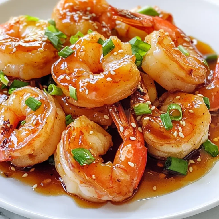 - 1 pound large shrimp, peeled and deveined - 1/4 cup soy sauce - 1/4 cup honey The main ingredients are key to this dish. Large shrimp give a nice bite. Soy sauce adds saltiness, while honey brings sweetness. Together, they create a balanced flavor. - 2 tablespoons sesame oil - 2 cloves garlic, minced - 1 tablespoon fresh ginger, grated These flavorings take the dish to another level. Sesame oil adds a rich, nutty taste. Garlic gives a strong aroma, and ginger adds warmth. This trio makes your shrimp pop with taste. - 1 tablespoon rice vinegar - 1 teaspoon cornstarch mixed with 1 tablespoon water Rice vinegar gives a slight tang. It balances the sweetness of honey. Cornstarch helps thicken the sauce. This makes the glaze stick perfectly to the shrimp. - 2 green onions, chopped (for garnish) - Sesame seeds (for garnish) Green onions add crunch and color. Sesame seeds give a nice look and extra flavor. These garnishes make your dish shine on the plate. {{ingredient_image_1}} In a medium bowl, I whisk together soy sauce, honey, sesame oil, minced garlic, grated ginger, and rice vinegar. This mix brings a sweet and savory flavor. Make sure all the ingredients blend well. A good marinade sets the stage for amazing shrimp. In a small bowl, I mix cornstarch with water until smooth. Then, I add this mix to the marinade. This step helps thicken the sauce later. Next, I coat the shrimp in the marinade, ensuring every piece gets covered. I let them marinate for about 15-20 minutes. This time allows the flavors to soak in. I heat a large skillet over medium-high heat. I add a splash of sesame oil to prevent sticking. When the skillet is hot, I place the marinated shrimp in a single layer. I cook them for about 2-3 minutes. I flip the shrimp when they turn pink. Then, I pour in the reserved marinade. I cook for another 2-3 minutes. The sauce thickens, and the shrimp become fully cooked. After cooking, I remove the skillet from heat. I garnish the dish with chopped green onions and sesame seeds. This adds color and crunch. I serve the shrimp over steamed rice or alongside stir-fried vegetables. Both options make a complete meal that's full of flavor. For the best flavor, I recommend using large shrimp. Fresh shrimp is ideal, but frozen shrimp works too. If using frozen, thaw them overnight in the fridge. When cooking, aim for 2-3 minutes on each side. The shrimp should turn pink and opaque when done. Overcooking makes them tough, so keep an eye on them! Want to boost that flavor? Try adding red pepper flakes for heat. A splash of lime juice adds brightness too. You can mix in some chopped cilantro for freshness. If you love sesame, consider adding toasted sesame seeds for crunch. These small tweaks can make a big difference. You have options when cooking shrimp. Stovetop is quick and easy. Just use a hot skillet with sesame oil. If you want a smoky taste, grilling is great too. Just make sure to skewer the shrimp to keep them from falling through. Both methods give you tasty results. Choose what suits your style! Pro Tips Marinate Longer for More Flavor: If time permits, marinate the shrimp for up to an hour to allow the flavors to penetrate deeper. Adjust Sweetness: Feel free to adjust the amount of honey based on your preference for sweetness. You can also use maple syrup for a different flavor profile. Perfectly Cooked Shrimp: Watch the shrimp closely while cooking; they should turn pink and opaque without becoming rubbery. Remove them from heat as soon as they are cooked through. Serving Suggestions: Serve the shrimp over jasmine rice or in lettuce wraps for a fresh, crunchy touch. Add steamed vegetables for a complete meal! {{image_2}} If you want to change up the flavors, you can swap soy sauce and honey. For soy sauce, try tamari for a gluten-free option or coconut aminos for a sweeter taste. If you seek a sugar-free alternative, agave syrup works great instead of honey. You can easily make this recipe gluten-free. Just use tamari instead of soy sauce. For a low-calorie version, reduce the amount of honey or use a sugar substitute. This keeps the dish tasty while helping you stick to your goals. Want to spice it up? Add a pinch of red pepper flakes or some fresh chili for heat. If you prefer a sweeter dish, add more honey or even a splash of orange juice. You can also toss in some lime juice for a bright, zesty twist. Enjoy experimenting! To keep your Honey Soy Glazed Shrimp fresh, cool it down first. Place it in an airtight container. Store it in the fridge for up to three days. For longer storage, freeze the shrimp. Use a freezer-safe bag, and squeeze out the air. It will last for about two months in the freezer. When it’s time to eat, reheat the shrimp gently. You can use a skillet over low heat. Add a splash of water or broth to keep it moist. Heat until warmed through, about five minutes. You can also use a microwave. Heat in short bursts of 30 seconds. Stir between each round to avoid overcooking. In the fridge, your Honey Soy Glazed Shrimp stays good for three days. In the freezer, it keeps well for two months. Always check for any off smells or changes in texture before eating. If it looks or smells bad, it’s best to toss it out. Yes, you can use frozen shrimp. It’s easy to thaw them before cooking. To thaw, place the shrimp in a bowl of cold water for about 15-20 minutes. Change the water halfway to speed up the process. Once thawed, pat them dry with a paper towel. This helps the shrimp absorb the marinade better. You can pair this dish with a variety of sides. Here are some ideas: - Steamed white rice - Jasmine rice - Stir-fried vegetables - Quinoa - Noodles These options balance the flavors of the shrimp and make a complete meal. If you like heat, there are simple ways to spice it up. Here are a few ideas: - Add red pepper flakes to the marinade. - Stir in sriracha or chili paste for a kick. - Mix in fresh chopped chili peppers. These additions bring warmth and depth to the dish. Yes, you can prep Honey Soy Glazed Shrimp ahead of time. Here’s how: - Marinate the shrimp up to 2 hours in advance. - Store the marinated shrimp in the fridge. - Cook the shrimp just before serving for the best taste. This makes it easy to enjoy a quick, flavorful meal. In this blog post, we reviewed the key ingredients for honey soy glazed shrimp. We walked through making the marinade, cooking the shrimp, and serving suggestions. You learned tips for perfect shrimp cooking and flavoring. Remember, you can easily customize this dish. With various substitutes and dietary adjustments, everyone can enjoy it. Whether you choose to store leftovers or prep ahead, this recipe fits your needs. Now, you can make a flavorful dish that impresses and satisfies!