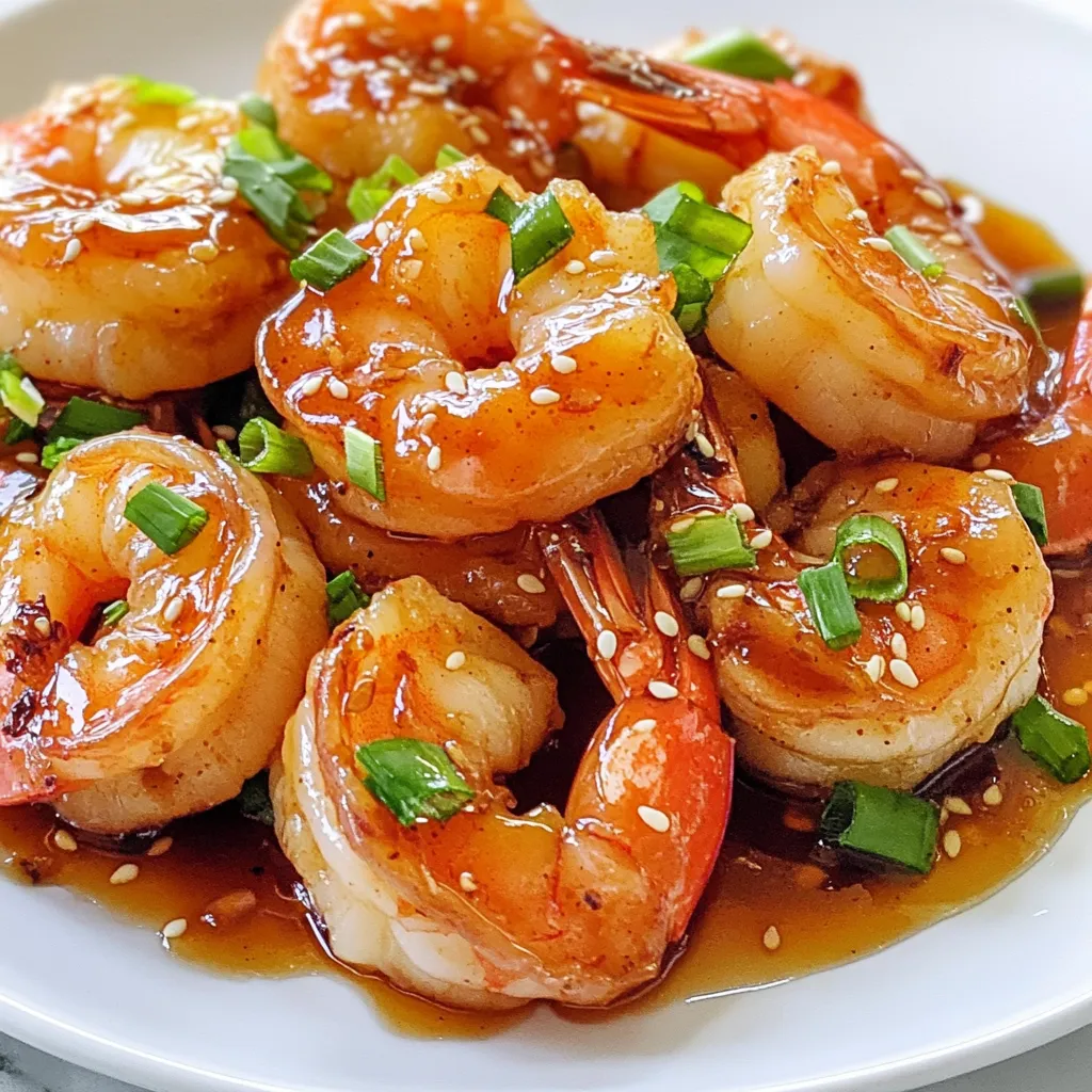 - 1 pound large shrimp, peeled and deveined - 1/4 cup soy sauce - 1/4 cup honey The main ingredients are key to this dish. Large shrimp give a nice bite. Soy sauce adds saltiness, while honey brings sweetness. Together, they create a balanced flavor. - 2 tablespoons sesame oil - 2 cloves garlic, minced - 1 tablespoon fresh ginger, grated These flavorings take the dish to another level. Sesame oil adds a rich, nutty taste. Garlic gives a strong aroma, and ginger adds warmth. This trio makes your shrimp pop with taste. - 1 tablespoon rice vinegar - 1 teaspoon cornstarch mixed with 1 tablespoon water Rice vinegar gives a slight tang. It balances the sweetness of honey. Cornstarch helps thicken the sauce. This makes the glaze stick perfectly to the shrimp. - 2 green onions, chopped (for garnish) - Sesame seeds (for garnish) Green onions add crunch and color. Sesame seeds give a nice look and extra flavor. These garnishes make your dish shine on the plate. {{ingredient_image_1}} In a medium bowl, I whisk together soy sauce, honey, sesame oil, minced garlic, grated ginger, and rice vinegar. This mix brings a sweet and savory flavor. Make sure all the ingredients blend well. A good marinade sets the stage for amazing shrimp. In a small bowl, I mix cornstarch with water until smooth. Then, I add this mix to the marinade. This step helps thicken the sauce later. Next, I coat the shrimp in the marinade, ensuring every piece gets covered. I let them marinate for about 15-20 minutes. This time allows the flavors to soak in. I heat a large skillet over medium-high heat. I add a splash of sesame oil to prevent sticking. When the skillet is hot, I place the marinated shrimp in a single layer. I cook them for about 2-3 minutes. I flip the shrimp when they turn pink. Then, I pour in the reserved marinade. I cook for another 2-3 minutes. The sauce thickens, and the shrimp become fully cooked. After cooking, I remove the skillet from heat. I garnish the dish with chopped green onions and sesame seeds. This adds color and crunch. I serve the shrimp over steamed rice or alongside stir-fried vegetables. Both options make a complete meal that's full of flavor. For the best flavor, I recommend using large shrimp. Fresh shrimp is ideal, but frozen shrimp works too. If using frozen, thaw them overnight in the fridge. When cooking, aim for 2-3 minutes on each side. The shrimp should turn pink and opaque when done. Overcooking makes them tough, so keep an eye on them! Want to boost that flavor? Try adding red pepper flakes for heat. A splash of lime juice adds brightness too. You can mix in some chopped cilantro for freshness. If you love sesame, consider adding toasted sesame seeds for crunch. These small tweaks can make a big difference. You have options when cooking shrimp. Stovetop is quick and easy. Just use a hot skillet with sesame oil. If you want a smoky taste, grilling is great too. Just make sure to skewer the shrimp to keep them from falling through. Both methods give you tasty results. Choose what suits your style! Pro Tips Marinate Longer for More Flavor: If time permits, marinate the shrimp for up to an hour to allow the flavors to penetrate deeper. Adjust Sweetness: Feel free to adjust the amount of honey based on your preference for sweetness. You can also use maple syrup for a different flavor profile. Perfectly Cooked Shrimp: Watch the shrimp closely while cooking; they should turn pink and opaque without becoming rubbery. Remove them from heat as soon as they are cooked through. Serving Suggestions: Serve the shrimp over jasmine rice or in lettuce wraps for a fresh, crunchy touch. Add steamed vegetables for a complete meal! {{image_2}} If you want to change up the flavors, you can swap soy sauce and honey. For soy sauce, try tamari for a gluten-free option or coconut aminos for a sweeter taste. If you seek a sugar-free alternative, agave syrup works great instead of honey. You can easily make this recipe gluten-free. Just use tamari instead of soy sauce. For a low-calorie version, reduce the amount of honey or use a sugar substitute. This keeps the dish tasty while helping you stick to your goals. Want to spice it up? Add a pinch of red pepper flakes or some fresh chili for heat. If you prefer a sweeter dish, add more honey or even a splash of orange juice. You can also toss in some lime juice for a bright, zesty twist. Enjoy experimenting! To keep your Honey Soy Glazed Shrimp fresh, cool it down first. Place it in an airtight container. Store it in the fridge for up to three days. For longer storage, freeze the shrimp. Use a freezer-safe bag, and squeeze out the air. It will last for about two months in the freezer. When it’s time to eat, reheat the shrimp gently. You can use a skillet over low heat. Add a splash of water or broth to keep it moist. Heat until warmed through, about five minutes. You can also use a microwave. Heat in short bursts of 30 seconds. Stir between each round to avoid overcooking. In the fridge, your Honey Soy Glazed Shrimp stays good for three days. In the freezer, it keeps well for two months. Always check for any off smells or changes in texture before eating. If it looks or smells bad, it’s best to toss it out. Yes, you can use frozen shrimp. It’s easy to thaw them before cooking. To thaw, place the shrimp in a bowl of cold water for about 15-20 minutes. Change the water halfway to speed up the process. Once thawed, pat them dry with a paper towel. This helps the shrimp absorb the marinade better. You can pair this dish with a variety of sides. Here are some ideas: - Steamed white rice - Jasmine rice - Stir-fried vegetables - Quinoa - Noodles These options balance the flavors of the shrimp and make a complete meal. If you like heat, there are simple ways to spice it up. Here are a few ideas: - Add red pepper flakes to the marinade. - Stir in sriracha or chili paste for a kick. - Mix in fresh chopped chili peppers. These additions bring warmth and depth to the dish. Yes, you can prep Honey Soy Glazed Shrimp ahead of time. Here’s how: - Marinate the shrimp up to 2 hours in advance. - Store the marinated shrimp in the fridge. - Cook the shrimp just before serving for the best taste. This makes it easy to enjoy a quick, flavorful meal. In this blog post, we reviewed the key ingredients for honey soy glazed shrimp. We walked through making the marinade, cooking the shrimp, and serving suggestions. You learned tips for perfect shrimp cooking and flavoring. Remember, you can easily customize this dish. With various substitutes and dietary adjustments, everyone can enjoy it. Whether you choose to store leftovers or prep ahead, this recipe fits your needs. Now, you can make a flavorful dish that impresses and satisfies!