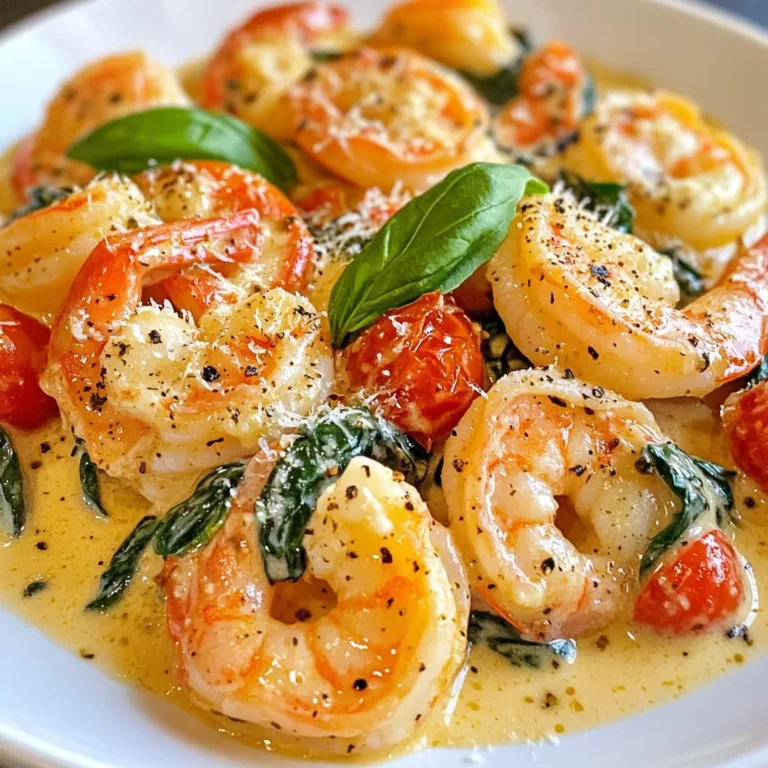- 1 lb large shrimp, deveined and peeled - 2 tablespoons olive oil - 3 cloves garlic, minced - 1 cup cherry tomatoes, halved - 2 cups fresh spinach - 1 cup heavy cream - ½ cup grated Parmesan cheese For this recipe, fresh ingredients shine. Start with large shrimp. They cook quickly and taste great. The olive oil adds richness. Garlic brings a lovely aroma that fills your kitchen. Cherry tomatoes add a sweet burst. Fresh spinach gives color and nutrients. Heavy cream makes the dish creamy and dreamy. Finally, Parmesan cheese adds depth to the sauce. - 1 teaspoon Italian seasoning - Salt and pepper to taste - Fresh basil leaves for garnish Seasoning is key for flavor. Italian seasoning ties all the elements together. Use salt and pepper to enhance the taste. Fresh basil leaves add a nice touch. They make the dish look good and taste fresh. Each ingredient plays a role in making this creamy Tuscan shrimp delightful and simple. {{ingredient_image_1}} 1. First, get a large skillet. Heat 2 tablespoons of olive oil over medium heat. 2. Add 3 cloves of minced garlic to the skillet. Sauté for about 1 minute. It should smell great. 3. Now, add 1 pound of large shrimp, deveined and peeled. Season with salt, pepper, and 1 teaspoon of Italian seasoning. Cook the shrimp for 2 to 3 minutes. They will turn pink and opaque. Remove the shrimp and set them aside. 1. In the same skillet, add 1 cup of halved cherry tomatoes. Cook for about 2 minutes until they soften. 2. Then, stir in 2 cups of fresh spinach. Cook it until it wilts down. 3. Lower the heat and pour in 1 cup of heavy cream. Stir to combine and let it simmer for a minute. 1. Add ½ cup of grated Parmesan cheese to the skillet. Stir until it melts and the sauce becomes creamy. 2. Return the cooked shrimp to the skillet. Toss them in the creamy sauce to coat well. 3. Taste and adjust the seasoning with more salt and pepper if needed. - Best practices for perfectly cooked shrimp: Start with fresh, deveined shrimp. Cook them in a hot skillet for 2-3 minutes. They should turn pink and opaque. Overcooking makes them tough. So, keep an eye on them! - How to prevent the sauce from curdling: Use low heat when adding the cream. Stir it gently. If the heat is too high, the cream can separate. Adding the cheese slowly helps create a smooth sauce too. - Serving suggestions for an appealing dish: Serve the creamy shrimp over a bed of pasta or rice. This adds color and makes a hearty meal. You can also pair it with crusty bread to soak up the sauce. - Garnishing techniques with fresh basil: Use whole basil leaves for a fresh look. You can also chop the basil and sprinkle it on top. This adds bright color and a nice aroma to your dish. Pro Tips Fresh Shrimp is Best: Always choose fresh or properly thawed shrimp for the best texture and flavor in your dish. Customize the Creaminess: Adjust the amount of heavy cream according to your preference for a lighter or richer sauce. Perfectly Cooked Shrimp: Be careful not to overcook the shrimp; they should only be cooked until they turn pink and opaque for optimal tenderness. Herb Variations: Feel free to experiment with different herbs like thyme or oregano for added flavor dimensions in your creamy sauce. {{image_2}} You can make this creamy Tuscan shrimp even better by swapping ingredients. First, try using different types of shrimp. You can use small shrimp or even scallops. Each option brings a unique taste. You can also add extra veggies to boost flavor. Consider bell peppers, zucchini, or mushrooms. These add color and nutrients. Just sauté them with the garlic for great results. If you need a gluten-free option, this dish works well without changes. Just check your seasoning for gluten. You can also make it dairy-free. Replace heavy cream with coconut cream or a nut-based cream. This keeps it rich while being dairy-free. For a vegan twist, swap shrimp with tofu or chickpeas. Use the same cooking steps. This way, you keep the creamy sauce and fresh veggies for a tasty plant-based meal. To store leftovers of creamy Tuscan shrimp, first cool them to room temperature. Place the shrimp in an airtight container. This keeps the shrimp safe and fresh. Try to use the leftovers within three days for the best taste. For containers, I recommend glass or BPA-free plastic. These materials help keep the flavor intact. Make sure the container seals tightly to avoid leaks or spills. The best way to reheat creamy Tuscan shrimp is on the stove. Pour the leftovers into a skillet over low heat. Stir gently until warmed through. This method helps to keep the sauce smooth. If you're in a hurry, you can use the microwave. Place the shrimp in a microwave-safe bowl. Cover it with a damp paper towel to keep moisture in. Heat in short bursts, stirring between each, to avoid overcooking. To maintain flavor and texture, avoid high heat. Shrimp can become tough if cooked too long. A little patience goes a long way in keeping your dish delicious. Creamy Tuscan shrimp lasts about 3 days in the fridge. To keep it fresh, store it in an airtight container. This helps prevent any strong odors from other foods. Reheat it gently to maintain the creamy texture. Yes, you can use half-and-half or whole milk instead of heavy cream. This will make the dish lighter. However, the sauce may not be as thick or rich. If you want more creaminess, add a little cornstarch to thicken it. To peel shrimp, hold the body and twist off the shell. For deveining, use a small knife to cut along the back. This exposes the dark vein. Gently pull it out with your fingers or the knife. Rinse the shrimp under cold water before cooking. This keeps them clean and ready for your dish. This blog post explored how to make creamy Tuscan shrimp. We covered the main ingredients, like shrimp, garlic, and spinach. You learned the step-by-step process to prepare this dish and important tips for cooking and presentation. Variations gave options for different diets. Proper storage and reheating tips help to enjoy leftovers. In closing, this dish brings vibrant flavors and easy cooking. You can impress anyone with this recipe. Enjoy experimenting with your own twists!