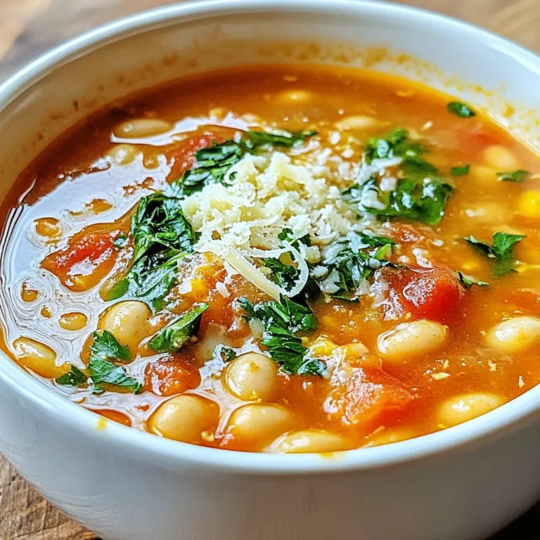 To make Tuscan Tomato White Bean Soup, gather these ingredients: - 2 tablespoons olive oil - 1 medium onion, finely chopped - 2 cloves garlic, minced - 1 carrot, diced - 1 celery stalk, diced - 1 can (28 oz) crushed tomatoes - 1 can (15 oz) white beans, drained and rinsed - 4 cups vegetable broth - 1 teaspoon dried basil - 1 teaspoon dried oregano - 1 teaspoon red pepper flakes (optional) - Salt and pepper to taste - 2 cups fresh spinach or kale, roughly chopped - Fresh parsley, chopped (for garnish) - Optional: Parmesan cheese, grated (for serving) You can swap some ingredients based on what you have. Use any oil instead of olive oil. If you lack white beans, chickpeas work too. Use fresh tomatoes if you can’t find crushed ones. You can also replace vegetable broth with chicken broth. Fresh herbs like thyme or rosemary can replace dried herbs. For greens, any leafy vegetable works, like Swiss chard or arugula. When choosing your vegetables, look for bright colors and firmness. The onion should feel heavy for its size. Look for garlic with tight skin, not sprouted. Choose carrots that are smooth and feel solid. Pick celery that is crisp and green. When selecting greens, go for vibrant leaves without wilting or brown spots. These tips ensure you get the best flavors in your soup! {{ingredient_image_1}} To make this Tuscan Tomato White Bean Soup, gather all the ingredients first. You need olive oil, onion, garlic, carrot, celery, crushed tomatoes, white beans, vegetable broth, dried herbs, spinach, and seasoning. Chopping the veggies ahead saves time and keeps you organized. This soup is simple and quick to prepare, so let’s dive in! 1. Heat the olive oil: In a large pot, place the olive oil over medium heat. 2. Sauté the veggies: Add the chopped onion, diced carrot, and diced celery. Cook for 5-7 minutes. The onion should turn soft and clear. 3. Add garlic: Stir in the minced garlic. Cook for 1-2 minutes. The smell will be great! 4. Combine tomatoes and broth: Pour in the crushed tomatoes and vegetable broth. Bring to a gentle simmer. 5. Mix in beans and herbs: Add the drained white beans, dried basil, oregano, red pepper flakes, salt, and pepper. Stir it all together. 6. Simmer the soup: Let the soup simmer for 20-25 minutes. This helps the flavors blend well. 7. Add greens: Before serving, stir in the chopped spinach or kale. Cook for another 5 minutes until they wilt. 8. Taste and serve: Taste the soup and adjust seasoning if needed. Serve hot, garnished with fresh parsley and grated Parmesan cheese if you like. To save time while cooking, prep your vegetables ahead. You can chop them the night before and store them in the fridge. Using canned beans helps cut down on cooking time too. Simmer the soup while you prepare your side dishes or set the table. This way, you can enjoy your meal sooner! To enhance the flavors of your Tuscan Tomato White Bean Soup, use fresh herbs. Fresh basil or parsley gives a bright taste. You can also add a splash of lemon juice at the end. This adds a nice zing. For a deeper flavor, roast your garlic before adding it to the pot. Roasting makes it sweet and rich. One common mistake is not sautéing the veggies long enough. Sauté them until they are soft and fragrant. This step builds a good base for the soup. Another mistake is adding too much salt too soon. Taste as you go. It’s easier to add salt later than to fix over-salting. Serve your soup with crusty bread or a side salad. A sprinkle of grated Parmesan adds a lovely touch. If you want a little heat, serve it with red pepper flakes on the side. You can also pair it with a light white wine. Enjoy the flavors together for a complete meal! Pro Tips Use Fresh Herbs: Fresh basil or oregano can enhance the flavor profile of the soup significantly. Add them right at the end for a vibrant taste. Adjust the Consistency: If you prefer a creamier soup, use an immersion blender to puree a portion of the soup, then stir it back in for a delightful texture. Beans Variation: Experiment with different varieties of beans such as navy or chickpeas for a unique flavor and texture while keeping the dish nutritious. Make It Ahead: This soup tastes even better the next day! Make a larger batch and store it in the fridge for quick lunches or dinners throughout the week. {{image_2}} You can switch up the ingredients in this soup. Try using diced zucchini or bell peppers for a new twist. You can also add corn for sweetness. If you love herbs, fresh basil or thyme can brighten the flavors. You may even want to use different beans, like kidney or black beans, for a fun change. For extra protein, add cooked chicken or turkey. If you prefer plant-based options, try adding tofu or tempeh. You can also mix in cooked grains like quinoa or rice. These additions will make the soup heartier and more filling. Just remember to adjust the broth if you add more solids. This soup is easy to make vegan. Simply skip the Parmesan cheese or use a plant-based version. To keep it gluten-free, always check your broth for gluten. Most vegetable broths are safe, but it’s good to verify. You can enjoy this meal without worry while still savoring every bite. To keep your Tuscan tomato white bean soup fresh, cool it down first. Place the soup in an airtight container. Always store it in the fridge within two hours. Use glass or BPA-free plastic containers for best results. Label the container with the date so you know when you made it. You can freeze this soup for up to three months. Pour the cooled soup into freezer-safe bags or containers. Remove as much air as you can before sealing. To reheat, thaw in the fridge overnight. Then, warm it on the stove over low heat. Stir well to ensure even heating. You may need to add a splash of broth or water. In the fridge, this soup lasts for about 3 to 4 days. If you freeze it, it will keep well for about 3 months. Always check for changes in smell, color, or texture before eating. If it looks or smells off, it's best to toss it. Keeping track of storage times helps you enjoy this soup at its best! You can use any type of bean you like. Chickpeas work well. Pinto beans are also a good choice. They add a nice texture and flavor. Kidney beans can be used too. Just remember to drain and rinse them first! Yes, a slow cooker is great for this soup! Start by sautéing the onion, carrot, and celery in a pan. Then, add all the other ingredients to the slow cooker. Let it cook on low for 6-8 hours. This will make the flavors even richer! To adjust spice levels, simply add or reduce red pepper flakes. If you like it hot, add more. If you prefer it mild, use less or leave it out. You can also add a sprinkle of black pepper for a gentle kick. Absolutely! This soup is perfect for meal prep. It stores well in the fridge for up to five days. You can also freeze it for up to three months. Just make sure to cool it completely before storing. While this soup is best served hot, you can try it cold. It will taste different but can be refreshing. If you want to serve it cold, chill it in the fridge first. Try adding a splash of lemon juice for extra zest! This blog covered everything for making Tuscan Tomato White Bean Soup. We explored the key ingredients, helpful substitutions, and how to choose fresh produce. Then, I shared step-by-step prep and cooking instructions. You learned tips for enhancing flavors and avoiding common mistakes. We also discussed variations like protein options and storage best practices. In the end, cooking can be fun and tasty. With these easy tips, you can create a great soup that suits your needs. Enjoy your cooking journey!