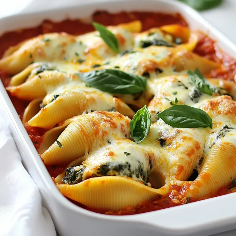 - 20 jumbo pasta shells - 2 cups fresh spinach, chopped - 1 cup ricotta cheese - 1 cup shredded mozzarella cheese, plus extra for topping - 1/2 cup grated Parmesan cheese - 1 egg, beaten - 1 teaspoon minced garlic - 1 tablespoon olive oil - 2 cups marinara sauce - Salt and pepper to taste - Fresh basil for garnish (optional) You can swap ricotta cheese for cottage cheese. This change gives a similar creamy texture. If you want a lighter option, use low-fat ricotta. You can also replace the mozzarella with provolone for a different flavor. For the marinara, homemade sauce works well too. If you need it dairy-free, try cashew cream instead of cheese. Choose spinach that is bright green and crisp. Avoid any leaves that are wilted or yellow. When picking cheeses, look for creamy textures and fresh smells. Buy mozzarella and ricotta from a trusted brand. For the marinara, choose a sauce with simple ingredients. Always check the expiration dates to ensure freshness. {{ingredient_image_1}} First, gather all your ingredients. You need 20 jumbo pasta shells, 2 cups of chopped spinach, and 1 cup each of ricotta and shredded mozzarella cheese. Don’t forget 1/2 cup of grated Parmesan cheese, 1 beaten egg, and some minced garlic. You also need olive oil, marinara sauce, salt, and pepper. Next, preheat your oven to 375°F (190°C). This helps your dish cook evenly. Bring a large pot of salted water to a boil. Add the pasta shells and cook according to the package instructions. Aim for al dente, so they hold their shape. Drain the shells and set them aside. Now, heat olive oil in a skillet over medium heat. Add the minced garlic and let it cook for about 1 minute. The garlic should smell great. Then, add the chopped spinach to the skillet and cook until it wilts. Remove it from heat and let it cool a bit. In a large bowl, mix the ricotta, 1 cup of mozzarella, grated Parmesan, beaten egg, wilted spinach, salt, and pepper. Make sure everything is well combined. Stuffing the shells is next. Take each shell and fill it with the spinach-ricotta mixture. Place each filled shell in a greased baking dish. Repeat this step until all shells are filled. Pour marinara sauce evenly over the stuffed shells. Make sure each shell is well covered. Then, sprinkle the remaining mozzarella cheese on top. This will give a nice cheesy crust. Cover the baking dish with foil to keep moisture in. If you spray the foil with cooking spray, it won't stick. Bake for 25 minutes. After that, remove the foil and bake for another 10 minutes. You want the cheese to be bubbly and golden. Prep time for this dish is about 20 minutes, and total cooking time is around 1 hour. To save time, chop the spinach and garlic while the pasta cooks. Mixing the filling can happen while the pasta cools. If you prep ahead, this dish will come together quickly. Enjoy the process and the delicious results! When making creamy spinach ricotta stuffed shells, avoid overcooking the pasta. Cook it al dente, or firm to the bite. If you overcook, the shells will break. Next, don’t skip cooling the spinach before mixing. Hot spinach can cook the egg in the filling. Lastly, cover your dish with foil while baking. This helps the cheese melt evenly without burning. To boost the flavor, add more spices. A pinch of nutmeg gives a warm taste. Fresh herbs like thyme or parsley brighten the dish. If you prefer a kick, sprinkle in some red pepper flakes. Experiment with different cheeses too. A bit of goat cheese or feta can add a tangy twist. Mixing in sautéed onions or mushrooms can also create a richer flavor. These stuffed shells shine with a fresh salad on the side. A simple green salad with lemon vinaigrette balances the creaminess. Garlic bread pairs well too, perfect for soaking up extra sauce. You can also add a sprinkle of fresh basil on top before serving. This adds color and a fresh taste. For a hearty meal, serve with a side of roasted vegetables, like zucchini or bell peppers. Pro Tips Use Fresh Spinach: Fresh spinach provides a vibrant flavor and better texture compared to frozen spinach. Make sure to wash and chop it just before cooking. Egg for Binding: The beaten egg in the filling helps bind the ingredients together, making it easier to stuff the shells and preventing them from falling apart during baking. Extra Cheese Topping: Don’t skip the extra mozzarella on top! It creates a delightful golden crust and adds more cheesy goodness to each bite. Let it Rest: Allow the stuffed shells to cool for a few minutes before serving. This helps the filling set and makes them easier to serve without spilling. {{image_2}} You can change the filling for stuffed shells easily. Try adding cooked ground meat, like beef or turkey. This adds protein and flavor. You can also use sautéed mushrooms for an earthy taste. Artichokes or sun-dried tomatoes provide a tasty twist. For a spicy kick, add some red pepper flakes. Mix and match your favorite ingredients to make it your own. If you need gluten-free stuffed shells, look for gluten-free pasta shells. Many stores offer these now. You can also make your own shells using almond flour or rice flour. This way, you enjoy the same creamy goodness without gluten. Just be sure to check the labels to avoid hidden gluten in sauces. To make this dish vegan, replace ricotta cheese with a tofu blend. You can mash firm tofu and mix it with nutritional yeast for a cheesy flavor. Use a plant-based mozzarella made from cashews or almonds. For the egg, use a flaxseed meal slurry as a binder. This keeps your dish creamy and delicious while being kind to animals. To store leftover creamy spinach ricotta stuffed shells, first let them cool. Place them in an airtight container. Make sure to cover the shells with marinara sauce to keep them moist. They will stay fresh in the fridge for up to three days. You can freeze these stuffed shells for later. After assembling, but before baking, wrap the dish tightly in plastic wrap. Then, cover it with foil to protect it from freezer burn. Label it with the date. These shells can last in the freezer for up to three months. Reheat your stuffed shells in the oven for the best results. Preheat the oven to 350°F (175°C). Place the shells in a baking dish and add a splash of marinara sauce. Cover the dish with foil to keep moisture in. Bake for about 25 minutes until heated through. You can also microwave individual shells for a quick meal, but they may not be as creamy. You can prepare stuffed shells a day in advance. First, cook the pasta and make the filling. Once you stuff the shells, place them in a baking dish. Pour the marinara sauce over them. Cover the dish with plastic wrap or foil and store it in the fridge. When ready to bake, just remove the cover and bake as directed. This method allows flavors to meld and saves you time on busy days. Yes, you can swap or add different cheeses. Cream cheese gives a rich texture. Feta adds a salty kick. Goat cheese offers a tangy flavor. Feel free to mix and match based on your taste. Each cheese brings its own twist to the dish, making it unique every time. These stuffed shells pair well with a fresh salad. A simple green salad with vinaigrette works nicely. Garlic bread also complements the meal. You can serve roasted vegetables for a healthy side. If you want something light, consider a side of steamed broccoli or green beans. Each option adds balance to the meal and makes it more enjoyable. In this article, we explored the key ingredients for your dish, including substitutions and tips for selecting fresh options. We walked through the step-by-step instructions, focusing on preparation, cooking techniques, and smart time management. I shared tips to avoid mistakes and enhance flavors. You also learned about variations, storage methods, and answered common FAQs. Overall, with these insights, you can make delicious stuffed shells easily and confidently. Enjoy your cooking journey!