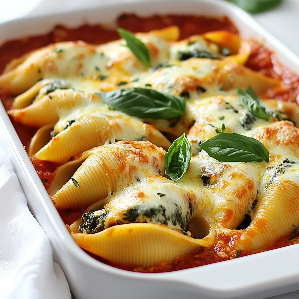 - 20 jumbo pasta shells - 2 cups fresh spinach, chopped - 1 cup ricotta cheese - 1 cup shredded mozzarella cheese, plus extra for topping - 1/2 cup grated Parmesan cheese - 1 egg, beaten - 1 teaspoon minced garlic - 1 tablespoon olive oil - 2 cups marinara sauce - Salt and pepper to taste - Fresh basil for garnish (optional) You can swap ricotta cheese for cottage cheese. This change gives a similar creamy texture. If you want a lighter option, use low-fat ricotta. You can also replace the mozzarella with provolone for a different flavor. For the marinara, homemade sauce works well too. If you need it dairy-free, try cashew cream instead of cheese. Choose spinach that is bright green and crisp. Avoid any leaves that are wilted or yellow. When picking cheeses, look for creamy textures and fresh smells. Buy mozzarella and ricotta from a trusted brand. For the marinara, choose a sauce with simple ingredients. Always check the expiration dates to ensure freshness. {{ingredient_image_1}} First, gather all your ingredients. You need 20 jumbo pasta shells, 2 cups of chopped spinach, and 1 cup each of ricotta and shredded mozzarella cheese. Don’t forget 1/2 cup of grated Parmesan cheese, 1 beaten egg, and some minced garlic. You also need olive oil, marinara sauce, salt, and pepper. Next, preheat your oven to 375°F (190°C). This helps your dish cook evenly. Bring a large pot of salted water to a boil. Add the pasta shells and cook according to the package instructions. Aim for al dente, so they hold their shape. Drain the shells and set them aside. Now, heat olive oil in a skillet over medium heat. Add the minced garlic and let it cook for about 1 minute. The garlic should smell great. Then, add the chopped spinach to the skillet and cook until it wilts. Remove it from heat and let it cool a bit. In a large bowl, mix the ricotta, 1 cup of mozzarella, grated Parmesan, beaten egg, wilted spinach, salt, and pepper. Make sure everything is well combined. Stuffing the shells is next. Take each shell and fill it with the spinach-ricotta mixture. Place each filled shell in a greased baking dish. Repeat this step until all shells are filled. Pour marinara sauce evenly over the stuffed shells. Make sure each shell is well covered. Then, sprinkle the remaining mozzarella cheese on top. This will give a nice cheesy crust. Cover the baking dish with foil to keep moisture in. If you spray the foil with cooking spray, it won't stick. Bake for 25 minutes. After that, remove the foil and bake for another 10 minutes. You want the cheese to be bubbly and golden. Prep time for this dish is about 20 minutes, and total cooking time is around 1 hour. To save time, chop the spinach and garlic while the pasta cooks. Mixing the filling can happen while the pasta cools. If you prep ahead, this dish will come together quickly. Enjoy the process and the delicious results! When making creamy spinach ricotta stuffed shells, avoid overcooking the pasta. Cook it al dente, or firm to the bite. If you overcook, the shells will break. Next, don’t skip cooling the spinach before mixing. Hot spinach can cook the egg in the filling. Lastly, cover your dish with foil while baking. This helps the cheese melt evenly without burning. To boost the flavor, add more spices. A pinch of nutmeg gives a warm taste. Fresh herbs like thyme or parsley brighten the dish. If you prefer a kick, sprinkle in some red pepper flakes. Experiment with different cheeses too. A bit of goat cheese or feta can add a tangy twist. Mixing in sautéed onions or mushrooms can also create a richer flavor. These stuffed shells shine with a fresh salad on the side. A simple green salad with lemon vinaigrette balances the creaminess. Garlic bread pairs well too, perfect for soaking up extra sauce. You can also add a sprinkle of fresh basil on top before serving. This adds color and a fresh taste. For a hearty meal, serve with a side of roasted vegetables, like zucchini or bell peppers. Pro Tips Use Fresh Spinach: Fresh spinach provides a vibrant flavor and better texture compared to frozen spinach. Make sure to wash and chop it just before cooking. Egg for Binding: The beaten egg in the filling helps bind the ingredients together, making it easier to stuff the shells and preventing them from falling apart during baking. Extra Cheese Topping: Don’t skip the extra mozzarella on top! It creates a delightful golden crust and adds more cheesy goodness to each bite. Let it Rest: Allow the stuffed shells to cool for a few minutes before serving. This helps the filling set and makes them easier to serve without spilling. {{image_2}} You can change the filling for stuffed shells easily. Try adding cooked ground meat, like beef or turkey. This adds protein and flavor. You can also use sautéed mushrooms for an earthy taste. Artichokes or sun-dried tomatoes provide a tasty twist. For a spicy kick, add some red pepper flakes. Mix and match your favorite ingredients to make it your own. If you need gluten-free stuffed shells, look for gluten-free pasta shells. Many stores offer these now. You can also make your own shells using almond flour or rice flour. This way, you enjoy the same creamy goodness without gluten. Just be sure to check the labels to avoid hidden gluten in sauces. To make this dish vegan, replace ricotta cheese with a tofu blend. You can mash firm tofu and mix it with nutritional yeast for a cheesy flavor. Use a plant-based mozzarella made from cashews or almonds. For the egg, use a flaxseed meal slurry as a binder. This keeps your dish creamy and delicious while being kind to animals. To store leftover creamy spinach ricotta stuffed shells, first let them cool. Place them in an airtight container. Make sure to cover the shells with marinara sauce to keep them moist. They will stay fresh in the fridge for up to three days. You can freeze these stuffed shells for later. After assembling, but before baking, wrap the dish tightly in plastic wrap. Then, cover it with foil to protect it from freezer burn. Label it with the date. These shells can last in the freezer for up to three months. Reheat your stuffed shells in the oven for the best results. Preheat the oven to 350°F (175°C). Place the shells in a baking dish and add a splash of marinara sauce. Cover the dish with foil to keep moisture in. Bake for about 25 minutes until heated through. You can also microwave individual shells for a quick meal, but they may not be as creamy. You can prepare stuffed shells a day in advance. First, cook the pasta and make the filling. Once you stuff the shells, place them in a baking dish. Pour the marinara sauce over them. Cover the dish with plastic wrap or foil and store it in the fridge. When ready to bake, just remove the cover and bake as directed. This method allows flavors to meld and saves you time on busy days. Yes, you can swap or add different cheeses. Cream cheese gives a rich texture. Feta adds a salty kick. Goat cheese offers a tangy flavor. Feel free to mix and match based on your taste. Each cheese brings its own twist to the dish, making it unique every time. These stuffed shells pair well with a fresh salad. A simple green salad with vinaigrette works nicely. Garlic bread also complements the meal. You can serve roasted vegetables for a healthy side. If you want something light, consider a side of steamed broccoli or green beans. Each option adds balance to the meal and makes it more enjoyable. In this article, we explored the key ingredients for your dish, including substitutions and tips for selecting fresh options. We walked through the step-by-step instructions, focusing on preparation, cooking techniques, and smart time management. I shared tips to avoid mistakes and enhance flavors. You also learned about variations, storage methods, and answered common FAQs. Overall, with these insights, you can make delicious stuffed shells easily and confidently. Enjoy your cooking journey!