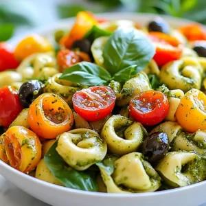 - 12 oz cheese tortellini - 1 cup cherry tomatoes, halved - 1 cup fresh spinach, roughly chopped - 1/2 cup bell peppers (red, yellow, or orange), diced - 1/4 cup black olives, sliced - 1/2 cup pesto sauce (store-bought or homemade) Cheese tortellini brings a rich, creamy taste to this dish. You can find it in most grocery stores. The fresh vegetables add crunch and color. Cherry tomatoes burst with sweetness. Spinach gives a healthy touch. Bell peppers add a nice crunch and vibrant hues. Black olives offer a salty bite that enhances the flavor. - 2 tablespoons olive oil - Salt and pepper to taste - Fresh basil leaves for garnish Adding olive oil gives the salad a silky feel. Salt and pepper help bring out the flavors in the dish. Fresh basil leaves at the end add a fragrant touch and a pop of green. This mix of ingredients creates a fresh and flavorful dish that you can enjoy anytime. {{ingredient_image_1}} Start by boiling a large pot of salted water. Use enough water to allow the tortellini to move freely. Once the water boils, add 12 ounces of cheese tortellini. Cook the tortellini according to the package instructions. This usually takes about 3 to 4 minutes for al dente. You want them to be tender but still firm. Drain the tortellini and set them aside to cool. While the tortellini cooks, chop your vegetables. Use a sharp knife for easy cutting. Start with 1 cup of cherry tomatoes. Cut them in half. Next, grab 1 cup of fresh spinach and roughly chop it. Then, take 1/2 cup of bell peppers. You can use red, yellow, or orange. Dice them into small pieces. Finally, slice 1/4 cup of black olives. Set all these sliced ingredients aside. In a large mixing bowl, combine the cooled tortellini with the chopped vegetables. Add the cherry tomatoes, spinach, bell peppers, and black olives. Next, drizzle 1/2 cup of pesto sauce over the salad. To enhance the flavor, add 2 tablespoons of olive oil. Gently toss the salad to mix everything well. Make sure the tortellini and veggies are nicely coated in pesto. Season with salt and pepper to taste. For the best flavor, cover the salad and let it chill in the fridge for at least 30 minutes. This allows the flavors to blend. Before serving, toss the salad again. Garnish with fresh basil leaves on top for a lovely finish. Chilling your pasta salad is key. It lets all the flavors mingle. I recommend letting it chill for at least 30 minutes. This step makes a big difference. Balancing flavors is also important. Use salt and pepper to taste. A little salt can brighten the dish. But don’t overdo it. Taste as you go to find your perfect balance. To avoid mushy tortellini, cook them just until al dente. This usually takes about 3-4 minutes. Always follow the package instructions. Drain them right after cooking, and let them cool. When chopping vegetables, keep your cuts even. This helps them cook uniformly. A sharp knife makes the job easier. Always chop your veggies right before mixing to keep them fresh and vibrant. For serving, use a large bowl to show off the colors. A bright bowl can make your salad pop. Creative plating can add flair. Try layering the ingredients instead of mixing them. Use a ring mold for a fun shape. Top with fresh basil leaves for that finishing touch. This not only adds to the look but also enhances the flavor. Pro Tips Perfect Pasta Texture: Make sure to cook the tortellini al dente for the best texture. This ensures they hold up well in the salad and don’t become mushy. Customize Your Veggies: Feel free to swap in your favorite vegetables or whatever you have on hand! Zucchini, arugula, or even artichokes can add a nice twist. Pesto Variations: Experiment with different types of pesto, such as sun-dried tomato or arugula pesto, to change the flavor profile of your salad. Serving Suggestions: Serve this salad as a side dish or a main course. It pairs wonderfully with grilled chicken or shrimp for a complete meal. {{image_2}} You can have fun by changing the tortellini type. Try spinach or mushroom tortellini for new flavors. You can also use gluten-free tortellini if needed. For fresh veggies, swap out bell peppers for cucumbers or zucchini. These add crunch and freshness. In spring, use fresh peas and asparagus. They add a nice, crisp texture. In summer, add corn or diced avocado. These ingredients bring a sweet, creamy touch to your salad. For protein, consider cooked chicken or shrimp. These options make the salad heartier. You can also add chickpeas for a plant-based protein. For a creamy twist, mix in mozzarella balls or feta cheese. This will enhance the richness of your salad. To keep your pesto tortellini pasta salad fresh, store it in an airtight container. Place it in the fridge right after serving. This helps keep the flavors bright and the veggies crisp. Your salad will stay tasty for about three days. If you notice any browning on the vegetables, that’s a sign to eat it soon! You can freeze this salad, but it’s best to store the tortellini and veggies separately from the pesto. Freeze the tortellini and veggies in a freezer-safe bag. This way, they won’t get mushy. To reheat, simply boil water and cook the tortellini for a few minutes. Once heated, mix everything together with fresh pesto. This keeps the flavors fresh and bright. Yes, you can use homemade pesto! Homemade pesto tastes fresh and bright, enhancing your salad's flavor. It lets you control the ingredients. You can choose high-quality olive oil and fresh herbs. Store-bought pesto may save time, but it often lacks the vibrant taste of homemade. Try making a batch using basil, garlic, nuts, and cheese. Blend them with olive oil for a simple and delicious sauce. You can store leftovers in the fridge for 3 to 5 days. Keep them in an airtight container to maintain freshness. Always check for any signs of spoilage before eating. If the salad smells off or the colors dull, it’s best to discard it. For safety, make sure to refrigerate the salad within two hours of serving. This helps prevent harmful bacteria. Yes, you can make this salad ahead of time! Prepare it a day in advance for the best flavor. Just remember to chill it in the fridge for at least 30 minutes before serving. If you make it early, the flavors will blend nicely. However, if you add fresh ingredients like spinach, do so right before serving. This keeps the salad crisp and colorful. This blog post covered how to make a tasty tortellini salad. We discussed key ingredients, like cheese tortellini, fresh veggies, and pesto sauce. The step-by-step instructions showed how to cook, mix, and chill your salad for the best flavor. Remember to try the tips for presentation and ingredient swaps. As you explore variations and storage options, you’ll find ways to make this salad your own. With these ideas, you can enjoy fresh, delicious meals every time. Happy cooking!