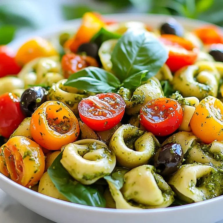 - 12 oz cheese tortellini - 1 cup cherry tomatoes, halved - 1 cup fresh spinach, roughly chopped - 1/2 cup bell peppers (red, yellow, or orange), diced - 1/4 cup black olives, sliced - 1/2 cup pesto sauce (store-bought or homemade) Cheese tortellini brings a rich, creamy taste to this dish. You can find it in most grocery stores. The fresh vegetables add crunch and color. Cherry tomatoes burst with sweetness. Spinach gives a healthy touch. Bell peppers add a nice crunch and vibrant hues. Black olives offer a salty bite that enhances the flavor. - 2 tablespoons olive oil - Salt and pepper to taste - Fresh basil leaves for garnish Adding olive oil gives the salad a silky feel. Salt and pepper help bring out the flavors in the dish. Fresh basil leaves at the end add a fragrant touch and a pop of green. This mix of ingredients creates a fresh and flavorful dish that you can enjoy anytime. {{ingredient_image_1}} Start by boiling a large pot of salted water. Use enough water to allow the tortellini to move freely. Once the water boils, add 12 ounces of cheese tortellini. Cook the tortellini according to the package instructions. This usually takes about 3 to 4 minutes for al dente. You want them to be tender but still firm. Drain the tortellini and set them aside to cool. While the tortellini cooks, chop your vegetables. Use a sharp knife for easy cutting. Start with 1 cup of cherry tomatoes. Cut them in half. Next, grab 1 cup of fresh spinach and roughly chop it. Then, take 1/2 cup of bell peppers. You can use red, yellow, or orange. Dice them into small pieces. Finally, slice 1/4 cup of black olives. Set all these sliced ingredients aside. In a large mixing bowl, combine the cooled tortellini with the chopped vegetables. Add the cherry tomatoes, spinach, bell peppers, and black olives. Next, drizzle 1/2 cup of pesto sauce over the salad. To enhance the flavor, add 2 tablespoons of olive oil. Gently toss the salad to mix everything well. Make sure the tortellini and veggies are nicely coated in pesto. Season with salt and pepper to taste. For the best flavor, cover the salad and let it chill in the fridge for at least 30 minutes. This allows the flavors to blend. Before serving, toss the salad again. Garnish with fresh basil leaves on top for a lovely finish. Chilling your pasta salad is key. It lets all the flavors mingle. I recommend letting it chill for at least 30 minutes. This step makes a big difference. Balancing flavors is also important. Use salt and pepper to taste. A little salt can brighten the dish. But don’t overdo it. Taste as you go to find your perfect balance. To avoid mushy tortellini, cook them just until al dente. This usually takes about 3-4 minutes. Always follow the package instructions. Drain them right after cooking, and let them cool. When chopping vegetables, keep your cuts even. This helps them cook uniformly. A sharp knife makes the job easier. Always chop your veggies right before mixing to keep them fresh and vibrant. For serving, use a large bowl to show off the colors. A bright bowl can make your salad pop. Creative plating can add flair. Try layering the ingredients instead of mixing them. Use a ring mold for a fun shape. Top with fresh basil leaves for that finishing touch. This not only adds to the look but also enhances the flavor. Pro Tips Perfect Pasta Texture: Make sure to cook the tortellini al dente for the best texture. This ensures they hold up well in the salad and don’t become mushy. Customize Your Veggies: Feel free to swap in your favorite vegetables or whatever you have on hand! Zucchini, arugula, or even artichokes can add a nice twist. Pesto Variations: Experiment with different types of pesto, such as sun-dried tomato or arugula pesto, to change the flavor profile of your salad. Serving Suggestions: Serve this salad as a side dish or a main course. It pairs wonderfully with grilled chicken or shrimp for a complete meal. {{image_2}} You can have fun by changing the tortellini type. Try spinach or mushroom tortellini for new flavors. You can also use gluten-free tortellini if needed. For fresh veggies, swap out bell peppers for cucumbers or zucchini. These add crunch and freshness. In spring, use fresh peas and asparagus. They add a nice, crisp texture. In summer, add corn or diced avocado. These ingredients bring a sweet, creamy touch to your salad. For protein, consider cooked chicken or shrimp. These options make the salad heartier. You can also add chickpeas for a plant-based protein. For a creamy twist, mix in mozzarella balls or feta cheese. This will enhance the richness of your salad. To keep your pesto tortellini pasta salad fresh, store it in an airtight container. Place it in the fridge right after serving. This helps keep the flavors bright and the veggies crisp. Your salad will stay tasty for about three days. If you notice any browning on the vegetables, that’s a sign to eat it soon! You can freeze this salad, but it’s best to store the tortellini and veggies separately from the pesto. Freeze the tortellini and veggies in a freezer-safe bag. This way, they won’t get mushy. To reheat, simply boil water and cook the tortellini for a few minutes. Once heated, mix everything together with fresh pesto. This keeps the flavors fresh and bright. Yes, you can use homemade pesto! Homemade pesto tastes fresh and bright, enhancing your salad's flavor. It lets you control the ingredients. You can choose high-quality olive oil and fresh herbs. Store-bought pesto may save time, but it often lacks the vibrant taste of homemade. Try making a batch using basil, garlic, nuts, and cheese. Blend them with olive oil for a simple and delicious sauce. You can store leftovers in the fridge for 3 to 5 days. Keep them in an airtight container to maintain freshness. Always check for any signs of spoilage before eating. If the salad smells off or the colors dull, it’s best to discard it. For safety, make sure to refrigerate the salad within two hours of serving. This helps prevent harmful bacteria. Yes, you can make this salad ahead of time! Prepare it a day in advance for the best flavor. Just remember to chill it in the fridge for at least 30 minutes before serving. If you make it early, the flavors will blend nicely. However, if you add fresh ingredients like spinach, do so right before serving. This keeps the salad crisp and colorful. This blog post covered how to make a tasty tortellini salad. We discussed key ingredients, like cheese tortellini, fresh veggies, and pesto sauce. The step-by-step instructions showed how to cook, mix, and chill your salad for the best flavor. Remember to try the tips for presentation and ingredient swaps. As you explore variations and storage options, you’ll find ways to make this salad your own. With these ideas, you can enjoy fresh, delicious meals every time. Happy cooking!