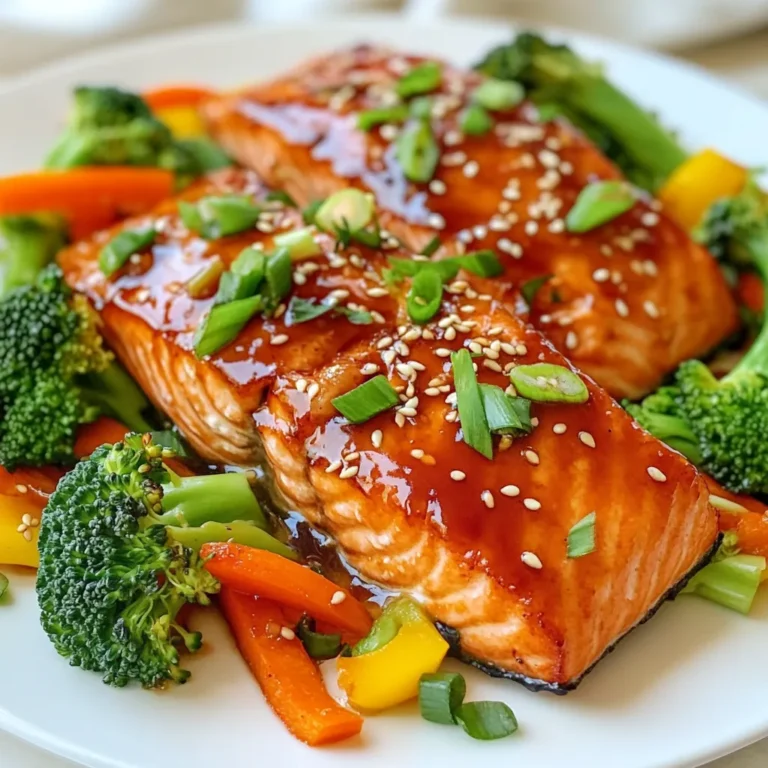 - 4 salmon fillets - 1/4 cup low sodium soy sauce - 1/4 cup honey - 2 cups broccoli florets - 1 bell pepper (any color) - 1 medium carrot - 2 tablespoons rice vinegar - 2 teaspoons sesame oil - Salt and pepper to taste - Optional: Sesame seeds and green onions for garnish When I make this dish, I love using fresh salmon fillets. They cook up so nicely! The soy sauce and honey blend makes a rich teriyaki glaze. This recipe keeps it simple and delicious. For the veggies, I often grab broccoli, bell peppers, and carrots. They add great color and crunch. You can use any color bell pepper you like. Each brings something unique to the plate. The sauces and seasonings are key. Rice vinegar adds a nice tang. Sesame oil gives a warm, nutty flavor. Of course, salt and pepper are a must for taste. For a fun touch, I like to sprinkle sesame seeds and chopped green onions on top when serving. It looks great and tastes even better! {{ingredient_image_1}} - Preheat the oven to 400°F (200°C). - Line a sheet pan with parchment paper. Start by preheating your oven. This step is key for even cooking. The parchment paper helps with easy cleanup and prevents sticking. - Combine soy sauce, honey, rice vinegar, sesame oil, ginger, and garlic in a saucepan. - Heat and stir until slightly thickened. In a small saucepan, mix soy sauce, honey, rice vinegar, sesame oil, grated ginger, and minced garlic. Heat this on medium. Stir often for about five minutes. You want the sauce to thicken a bit. This brings out the flavors. - Toss vegetables in olive oil, salt, and pepper. - Place salmon and veggies on prepared sheet pan. In a large bowl, toss the broccoli, bell pepper, and carrot with olive oil, salt, and pepper. This simple mix adds taste to the veggies. Next, arrange the veggies on one side of the sheet pan. Put the salmon fillets on the other side, skin-side down. - Brush glazed salmon with teriyaki sauce. - Bake for 15-20 minutes until cooked through. Generously brush the salmon with the teriyaki sauce you made. Reserve some sauce for later. Place the sheet pan in the oven. Bake for 15 to 20 minutes. The salmon should be cooked through and flaky. The veggies should be tender but still crisp. - Glaze salmon again after baking. - Serve with garnishes. Once your salmon is done, take it out of the oven. Brush on the remaining teriyaki sauce. This adds a lovely shine and flavor. Serve the salmon and veggies on plates. Garnish with sesame seeds and chopped green onions for a fresh touch. Enjoy your meal! To cook salmon just right, aim for an internal temperature of 145°F or 63°C. This ensures it’s safe to eat and still moist. Place the salmon skin-side down on the sheet pan. This helps the skin crisp up nicely while keeping the fish tender. You can mix up the veggies you use with teriyaki sauce. Try snap peas, zucchini, or even asparagus for a different taste. Seasonal veggies also work well. In spring, use fresh peas. In fall, consider Brussels sprouts for a hearty touch. Adjust the teriyaki glaze to suit your taste. If you want it sweeter, add more honey. For a saltier kick, increase the soy sauce. Want a little heat? Add chili flakes or a dash of cayenne pepper to the glaze. This adds a fun spice to the dish! Pro Tips Use Fresh Ingredients: Always opt for fresh salmon and vibrant vegetables for the best flavor and texture in your dish. Marinate for Extra Flavor: If time permits, marinate the salmon in the teriyaki sauce for 30 minutes to enhance the flavor profile. Watch the Cooking Time: Keep an eye on the salmon while baking; overcooking can lead to a dry texture. Aim for an internal temperature of 145°F (63°C). Experiment with Veggies: Feel free to add other seasonal vegetables like snap peas or zucchini for a colorful and nutritious medley. {{image_2}} You can easily swap salmon for chicken or tofu. Each protein gives a new taste. If you use chicken, cut it into even pieces. This helps it cook well. Chicken takes a bit longer, around 25-30 minutes. For tofu, use firm types and slice it thick. Bake it for about 20 minutes. Always check that your protein is fully cooked. Salmon should reach 145°F, chicken 165°F, and tofu should be hot throughout. If you need a gluten-free meal, use tamari or coconut aminos instead of soy sauce. Both give a great flavor without gluten. Check all other ingredients, too. Rice vinegar and honey are usually safe, but read labels to be sure. Use fresh veggies that are naturally gluten-free. This keeps your dish tasty and safe. Want to change up the flavor? Add some citrus! Orange or lime juice can brighten the dish. Just squeeze some over the salmon before baking. You can also try different vinegars. Apple cider vinegar or white wine vinegar can add a nice twist. Each change gives a unique taste to the teriyaki. Experiment and find your favorite! After your meal, let the salmon and veggies cool down. Place them in airtight containers. This helps keep them fresh. I suggest using glass or BPA-free plastic containers. These are safe and easy to store. Label each container with the date. This way, you know when to eat them. You can keep leftovers in the fridge for up to three days. To reheat, you can use the oven, microwave, or skillet. If using the oven, preheat it to 350°F (175°C). Place the salmon and veggies on a baking sheet. Heat for about 10 minutes. If you choose the microwave, use a low power setting. This prevents the salmon from drying out. Cover the dish with a damp paper towel for moisture. Stir the veggies halfway through to heat evenly. You can freeze leftover teriyaki salmon and veggies for later use. First, make sure the food is fully cooled. Portion them into freezer-safe bags or containers. Remove as much air as possible to prevent freezer burn. Label each bag with the date. For best results, use within three months. When ready to eat, thaw overnight in the fridge. Reheat using the guidelines above to enjoy a tasty meal again. Bake the salmon for 15 to 20 minutes. This gives you perfect, flaky salmon. The internal temperature should reach 145°F (63°C). Always check the thickest part of the fillet. This baking time works well for most ovens. Yes, you can make the teriyaki sauce ahead. Combine soy sauce, honey, rice vinegar, sesame oil, ginger, and garlic. Heat it until thickened, then cool. Store it in a jar in the fridge for up to a week. This saves time on busy nights. The best vegetables for teriyaki salmon include: - Broccoli florets - Bell peppers (any color) - Carrots Other options are snap peas, asparagus, or zucchini. These add color and crunch to your dish. Yes, frozen salmon works well. Thaw it in the fridge overnight before cooking. If you cook it from frozen, add about 5 minutes to the baking time. Make sure to check the internal temperature, aiming for 145°F (63°C). In this article, we explored how to make teriyaki salmon, from the main ingredients to detailed steps. We covered the perfect way to glaze and bake your salmon, along with tips for storing and reheating leftovers. Whether you want to switch proteins or add veggies, the options are endless. Teriyaki salmon is simple to make and delicious. Now, you can impress your family or friends with a tasty dish that is also healthy. Enjoy your cooking journey!