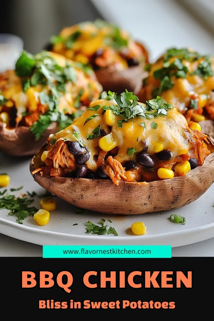 Discover the ultimate comfort food with these BBQ chicken stuffed sweet potatoes! This easy sweet potato dinner brings together tender sweet potatoes filled with flavorful BBQ chicken, corn, and black beans, topped with melted cheddar. Perfect for healthy BBQ chicken recipes, this stuffed sweet potato recipe is both satisfying and nutritious. Try it today for a delicious and filling meal. Save this recipe for your next dinner inspiration! #BBQChicken #HealthyRecipes #ComfortFood #SweetPotatoes