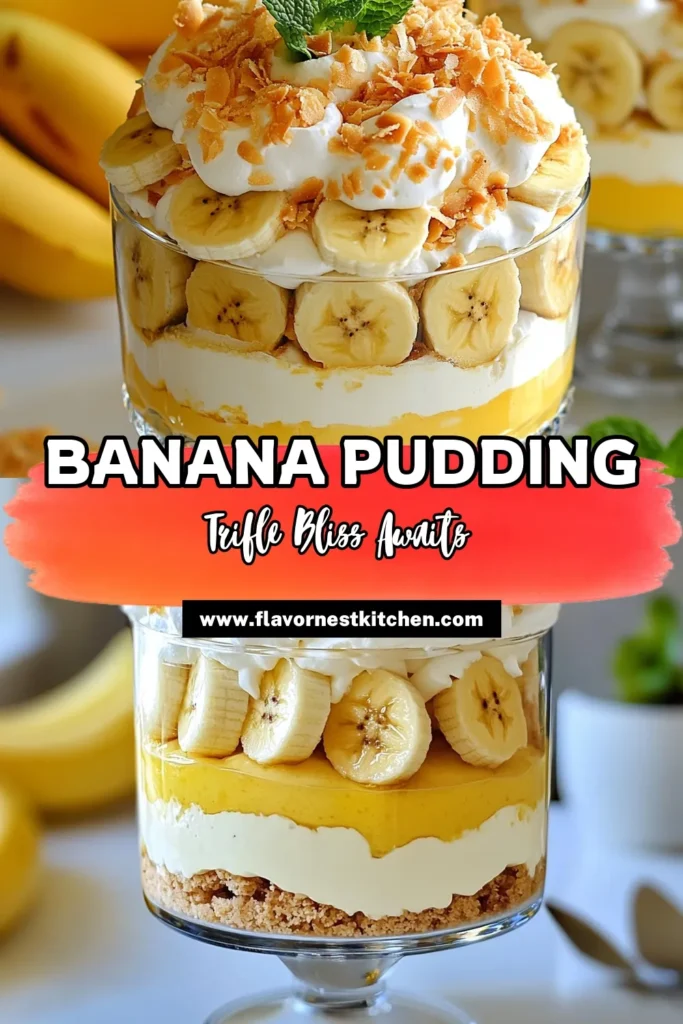 Indulge in a Classic Banana Pudding Trifle, the ultimate easy banana dessert perfect for any occasion! This no-bake banana trifle layers creamy vanilla pudding, fresh banana slices, and crunchy vanilla wafers for a delightful treat. Try this delicious vanilla pudding recipe and elevate your dessert game with a tropical touch by adding coconut flakes. Perfect for gatherings, this recipe is effortless and irresistible. Save this easy banana dessert idea now! #BananaPuddingTrifle #NoBakeDessert #VanillaPuddingRecipe #TropicalDessert