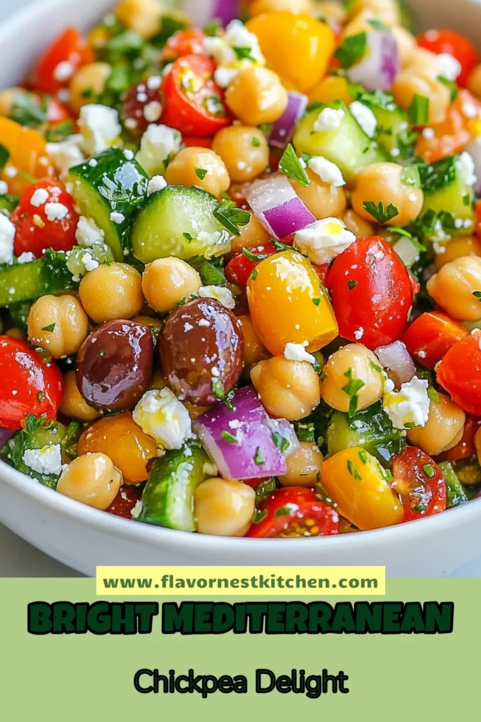 Looking for a refreshing dish? Try this Mediterranean chickpea salad packed with flavor and nutrients! This healthy chickpea recipe is perfect for a light lunch or side dish. With vibrant ingredients like feta cheese, fresh veggies, and Kalamata olives, it’s an easy Mediterranean recipe that everyone will love. Enjoy this vegetarian salad recipe that’s ready in just 30 minutes. Save the recipe for your next meal! #MediterraneanChickpeaSalad #HealthyChickpeaRecipes #EasyMediterraneanRecipes #VegetarianSaladRecipes