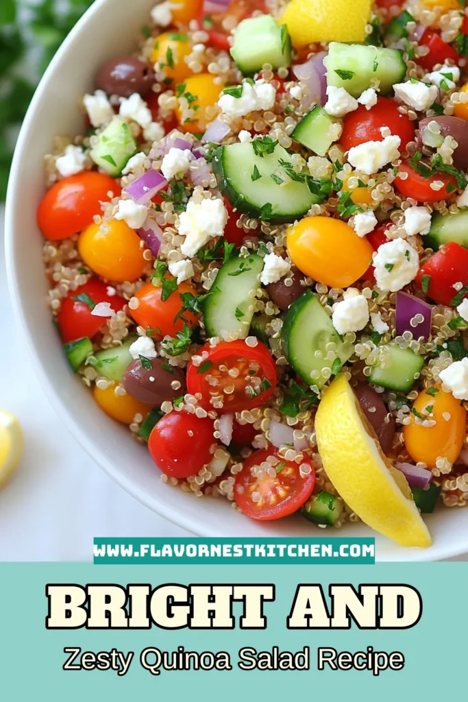 Discover the vibrant flavors of this Greek Quinoa Salad, a healthy quinoa salad perfect for any meal. This Mediterranean quinoa recipe combines protein-packed quinoa with fresh veggies, Kalamata olives, and crumbled feta for a zesty salad that bursts with taste. Easy to make in just 30 minutes, it’s perfect for meal prep or a side dish. Save this delicious quinoa salad with feta for your next gathering! #GreekQuinoaSalad #HealthyRecipes #MediterraneanCooking #QuinoaSalad