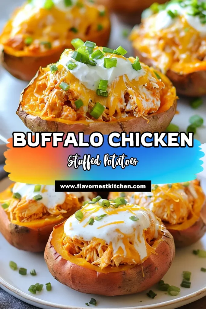 Discover this delicious Buffalo Chicken Stuffed Sweet Potatoes recipe that combines flavor and health in one easy dish. Perfect for a quick dinner, these loaded sweet potatoes are filled with a healthy buffalo chicken mixture, creamy Greek yogurt, and melted cheddar cheese for an irresistible meal. Try this healthy buffalo chicken recipe today, and enjoy a fun twist on sweet potato recipes. Click to save and make your dinner delicious! #BuffaloChicken #HealthyRecipes #SweetPotatoes #EasyDinnerIdeas