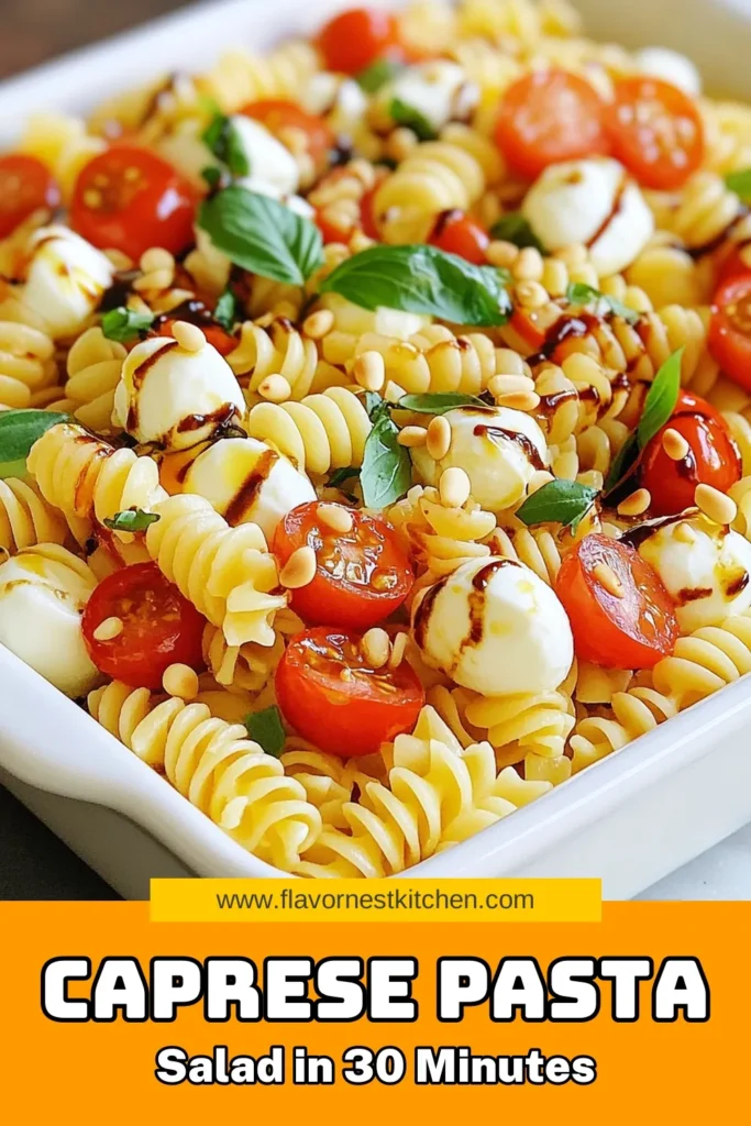Looking for a refreshing dish? Try this Caprese pasta salad recipe that's perfect for summer! This easy pasta salad with mozzarella features rotini pasta, juicy cherry tomatoes, and fragrant basil, all drizzled with olive oil and balsamic glaze. It’s a delightful fresh tomato mozzarella salad that looks as good as it tastes. Ready in just 30 minutes, it’s perfect for any gathering. Save this recipe now! #CapresePastaSalad #EasyPastaSalad #SummerRecipes #RotiniPastaSalad
