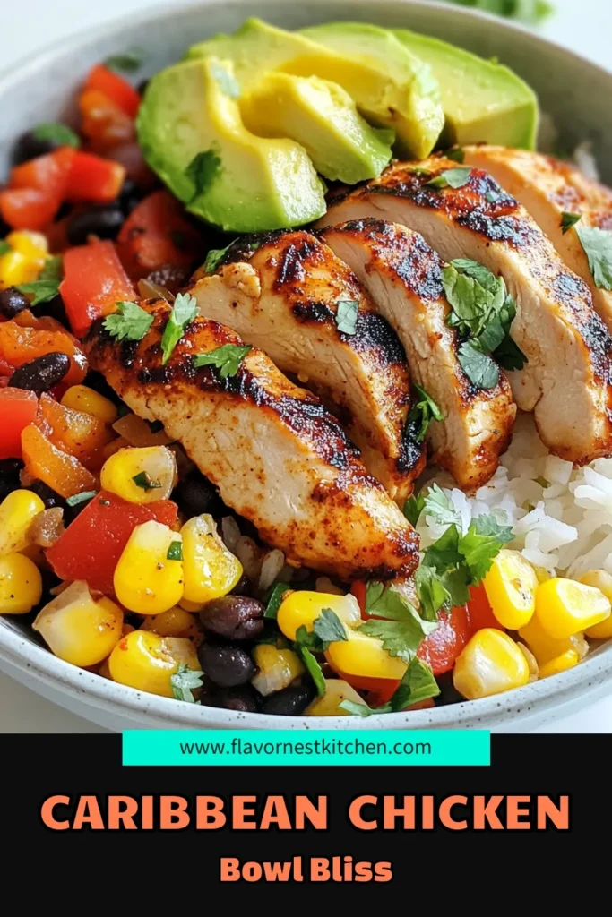 Looking for a delicious and healthy dinner idea? Try this Caribbean jerk chicken recipe featuring juicy jerk chicken bowls packed with flavor! Serve tender marinated chicken over fluffy jasmine rice, black beans, red bell peppers, and fresh avocado. Perfect as quick dinner ideas, these healthy chicken bowls are sure to please the whole family. Save this recipe to create a vibrant, tropical meal tonight! #CaribbeanJerkChicken #HealthyDinner #JasmineRiceRecipes #QuickDinnerIdeas