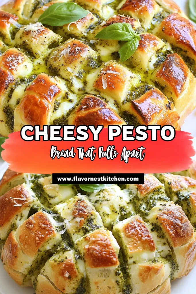 Indulge in the deliciousness of Pesto Mozzarella Pull-Apart Bread! This easy pull-apart bread recipe features crusty bread stuffed with creamy mozzarella and fresh basil pesto, making it the ultimate cheesy garlic bread. Perfect as a crowd-pleaser appetizer for gatherings or parties. Follow our simple instructions for a warm, melty bread that everyone will love. Save this recipe and impress your guests! #PestoMozzarellaBread #PullApartBread #CheesyGarlicBread #EasyAppetizer