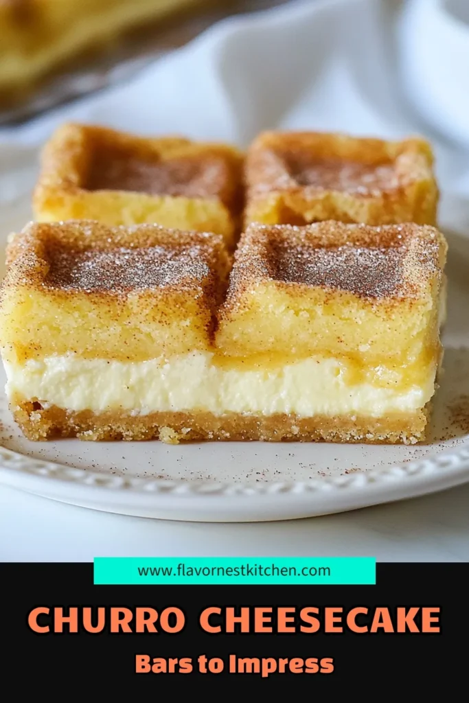 Indulge in these delicious Churro Cheesecake Bars, the perfect blend of creamy cheesecake and a sweet churro topping! Easy dessert recipes don’t get better than this. With a graham cracker crust cheesecake base, these no-bake cheesecake bars are great for any occasion. Treat yourself to a dessert that will delight your taste buds. Try these today and save for later! #ChurroCheesecakeBars #EasyDessertRecipes #SweetTreats #DessertIdeas
