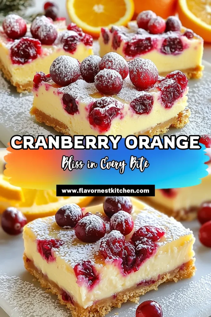Indulge in the festive flavors of Cranberry Orange Cheesecake Bars, the perfect addition to your holiday dessert recipes! This easy cheesecake bar recipe combines creamy cream cheese desserts with tart cranberries and zesty orange for a delightful treat. Perfect for gatherings or a cozy night in, these dessert bars are a must-try! Save this recipe now and impress your friends and family! #CranberryOrangeCheesecakeBars #CheesecakeBarRecipe #HolidayDessertRecipes #EasyDessertBars