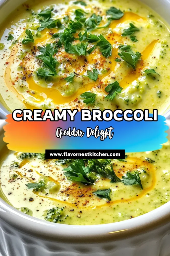 Indulge in this creamy broccoli cheddar soup that is perfect for any meal! This easy creamy soup combines fresh broccoli and sharp cheddar cheese for a deliciously healthy broccoli soup. Try this simple broccoli cheddar soup recipe and impress your family with a cozy dish that is both satisfying and nutritious. Save this cheddar cheese soup recipe for a delightful cooking experience! #BroccoliCheddarSoup #EasyCreamySoup #HealthySoup #SoupRecipe