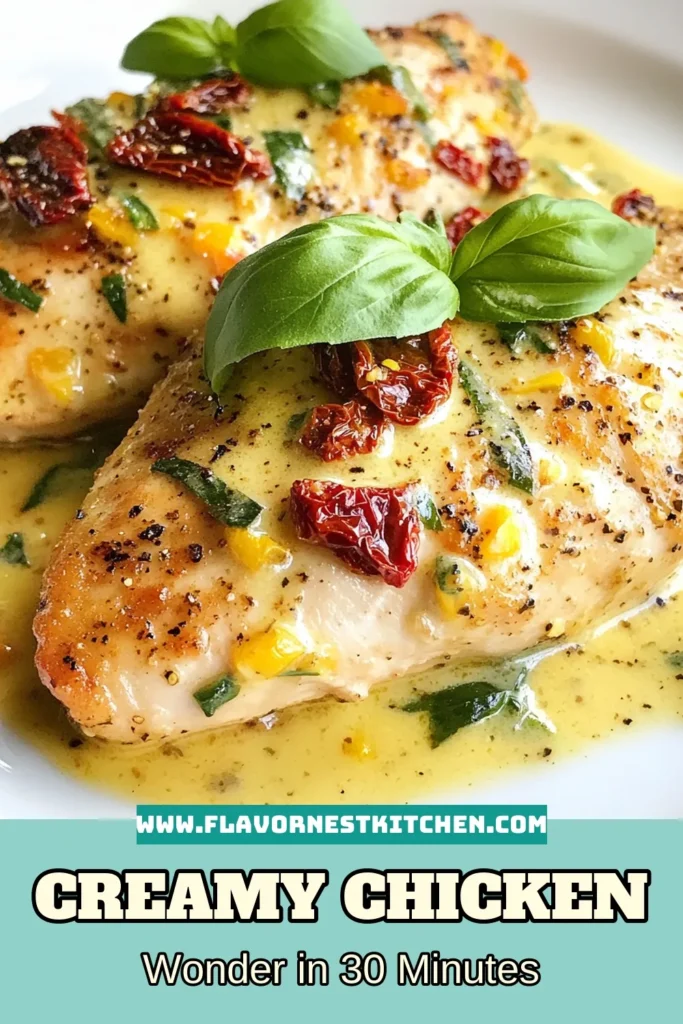 Indulge in this delicious creamy sun-dried tomato chicken, an easy chicken dinner recipe that will impress your family and friends! This sun-dried tomato chicken recipe combines tender chicken breasts with a luscious cream sauce, perfect for any night of the week. Ideal as a hearty Italian chicken dish, it's ready in just 30 minutes. Try this recipe tonight and savor the flavors! Don't forget to save for later! #EasyDinner #ItalianRecipe #ChickenLovers #ComfortFood