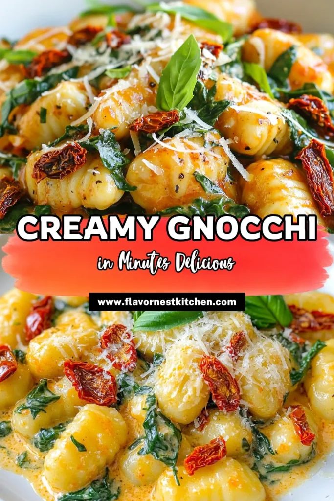 Discover this mouthwatering creamy gnocchi recipe featuring sun dried tomatoes for a delightful twist on pasta night. This easy gnocchi dish is perfect for busy weeknights and will impress vegetarians and gnocchi lovers alike. Packed with fresh spinach, it's a wholesome addition to your dinner table. Try this delicious sun dried tomato pasta today and elevate your meal with vibrant flavors. Save this recipe now! #GnocchiRecipe #VegetarianMeals #PastaLovers #EasyDinnerIdeas