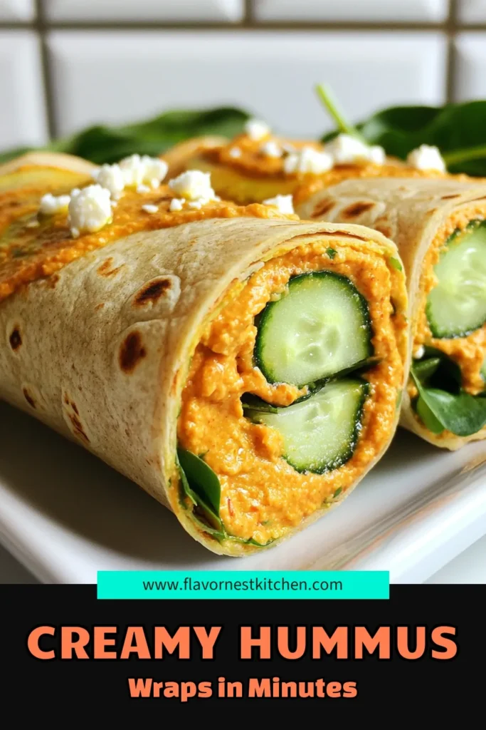 Enjoy these delicious roasted red pepper hummus wraps for a quick and easy lunch! Packed with flavor, these healthy tortilla wraps feature a creamy chickpea hummus recipe that's perfect for vegetarians. Fresh spinach and cucumber add a satisfying crunch, making them ideal for meal prep. Try these vegetarian lunch wraps today and elevate your snacking game. Save this recipe! #HummusWraps #HealthyEating #VegetarianRecipes #MealPrepIdeas