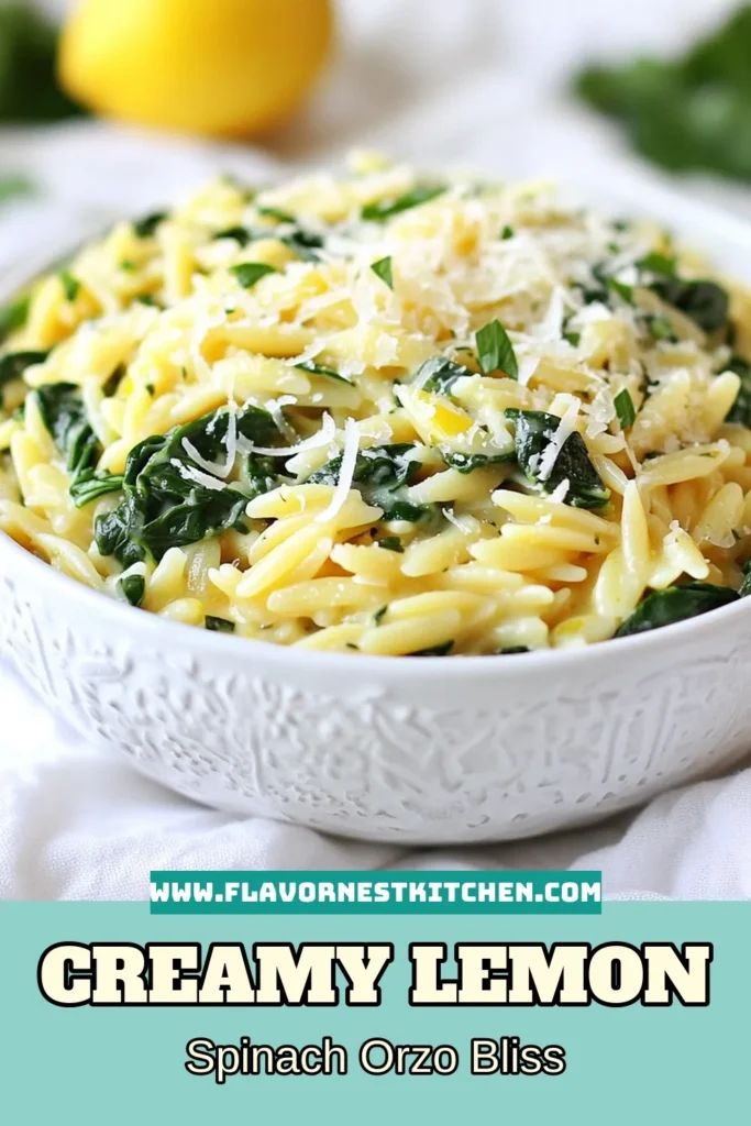 Savor the delightful flavors of creamy lemon orzo with this easy spinach orzo recipe! In just 30 minutes, you can whip up a delicious meal featuring al dente orzo, fresh spinach, and a rich creamy sauce enhanced by zesty lemon. This creamy spinach pasta is perfect for busy weeknights or impressing guests. Don’t miss out on this tasty addition to your lemon pasta recipes collection. Save this creamy lemon orzo recipe and make it your go-to for quick, satisfying dinners! #CreamyLemonOrzo #SpinachOrzoRecipe #EasyOrzoDishes #LemonPastaRecipes