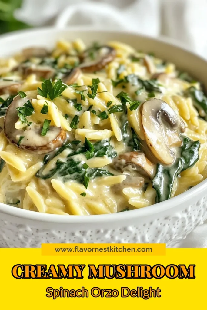 Discover the delightful Creamy Mushroom Spinach Orzo, a quick creamy pasta recipe that's perfect for busy weeknights! This vegetarian orzo recipe is an easy mushroom pasta dish that combines tender orzo with creamy flavors and fresh spinach. Enjoy this one-pot orzo recipe that comes together in just 25 minutes. Save this recipe for a delicious, hassle-free meal! #CreamyMushroomSpinachOrzo #VegetarianRecipes #OnePotMeals #QuickPastaRecipes