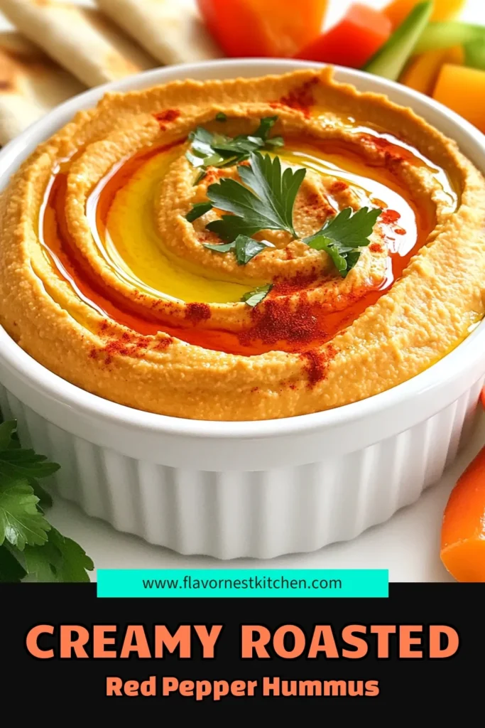 Dive into a delicious world of flavor with this easy Roasted Red Pepper Hummus recipe! Perfect for parties or a healthy snack, this creamy dip combines chickpeas, tahini, and vibrant roasted red peppers. Whip it up in just 10 minutes and serve with fresh veggies or pita for a delightful treat. Click to explore the full recipe and impress your guests with this tasty dish! #RoastedRedPepperHummus #HealthySnacks #VeganRecipes #DipsAndSpreads