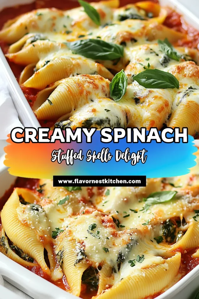 Indulge in these creamy spinach stuffed shells, a delicious vegetarian dinner option that your family will love. This ricotta cheese pasta recipe features jumbo pasta shells filled with a rich spinach-ricotta mixture, topped with marinara sauce and gooey mozzarella. Perfect for a cozy night in or family gatherings, this spinach ricotta bake is sure to impress. Try this jumbo pasta shells recipe tonight! Save for later! #CreamySpinachStuffedShells #RicottaCheesePastaRecipe #VegetarianStuffedShells #SpinachRicottaBake