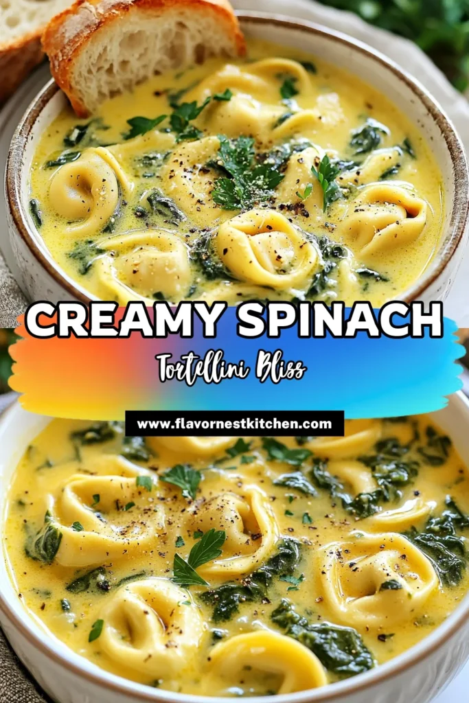Looking for a quick and delightful meal? Try this Creamy Spinach Tortellini Soup—a perfect blend of flavors that makes a comforting vegetarian option. This Easy Tortellini Soup Recipe features spinach and cheese tortellini, all simmered in a velvety broth. Enjoy a bowl of this Quick Comfort Food Soup that’s ready in just 20 minutes! Save this recipe for a delicious dinner idea tonight! #TortelliniSoup #VegetarianRecipes #ComfortFood #EasyRecipes