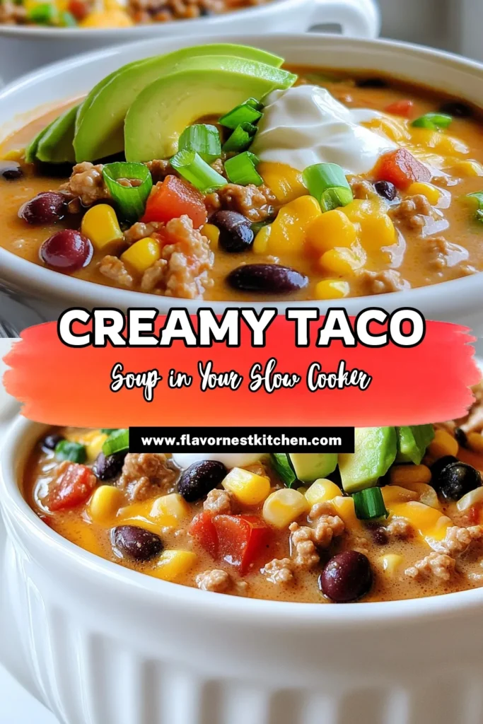 Warm up your evenings with this delicious Slow Cooker Creamy Taco Soup! Packed with ground turkey, beans, corn, and creamy cheese, this hearty dish is perfect for busy nights. Just combine all ingredients in your slow cooker and let it do the work! Click through for the full recipe and surprise your family with this flavorful meal. Perfect for gatherings or cozy dinners at home. #SlowCookerSoup #TacoSoup #ComfortFood #EasyRecipes