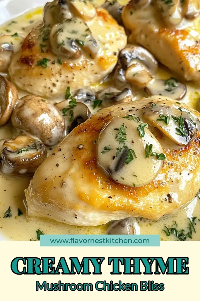 Discover this deliciously creamy mushroom chicken recipe that will become your go-to for dinner! This thyme chicken dinner features tender chicken breasts cooked in a rich mushroom sauce, making it one of the easiest chicken recipes you'll ever try. Perfect as a one-pot chicken meal, it's quick to prepare and packed with flavor. Save this creamy mushroom thyme chicken for your next meal! #EasyChickenRecipes #MushroomSauceChicken #OnePotMeals #ChickenDinner