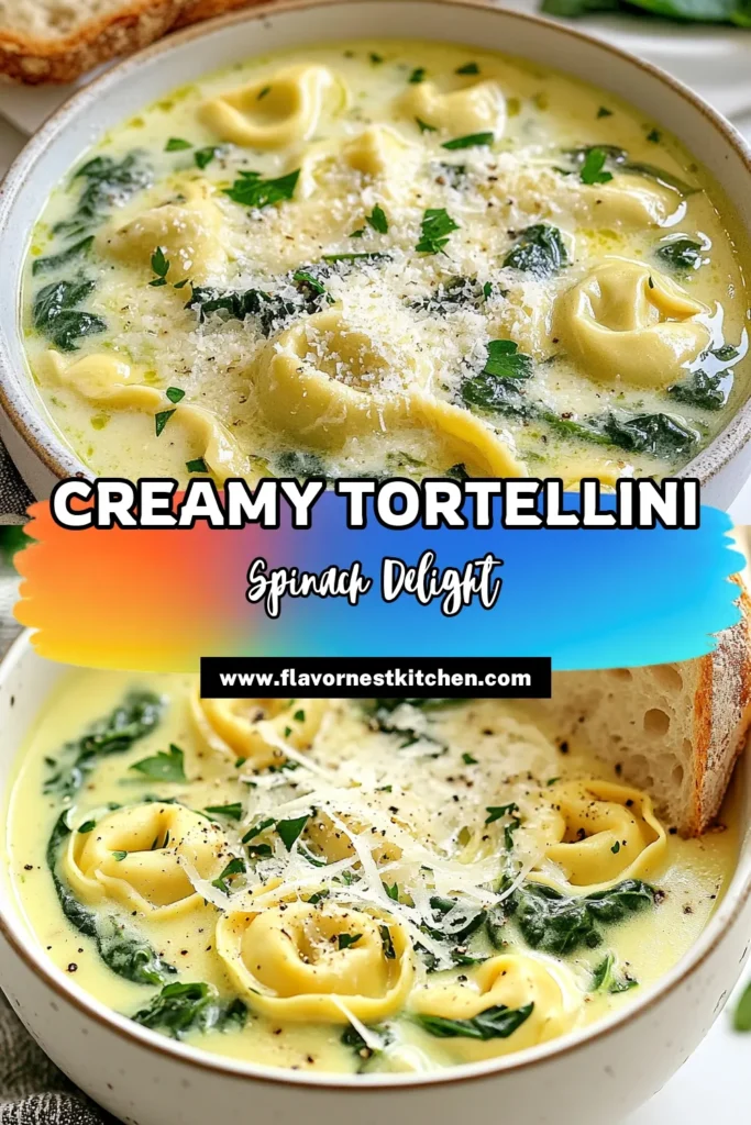 Indulge in this creamy spinach tortellini soup, a delightful vegetarian tortellini soup recipe that's perfect for a cozy meal. This easy tortellini soup with spinach is rich, comforting, and comes together in just 25 minutes. With cheese tortellini, fresh spinach, and a blend of Italian herbs, it's a homemade spinach soup you'll crave again and again. Give it a try tonight and enjoy a hearty bowl! Save this recipe for later! #SpinachSoup #TortelliniSoup #VegetarianRecipes #EasySoups