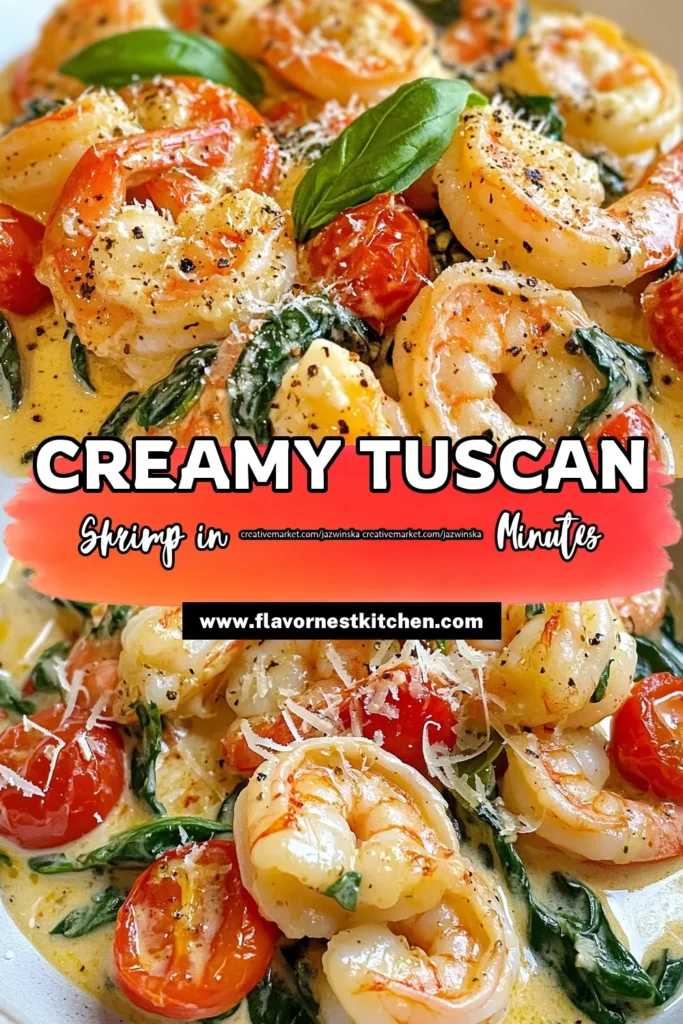 Indulge in this delicious Creamy Tuscan Shrimp recipe that's perfect for any night of the week! This Italian shrimp dish features succulent shrimp with creamy sauce, fresh spinach, and cherry tomatoes, all in under 30 minutes. Try this easy shrimp recipe for a quick weeknight dinner that everyone will love. Don't forget to save it for later! #CreamyTuscanShrimp #ShrimpRecipes #EasyDinner #GarlicShrimpWithSpinach