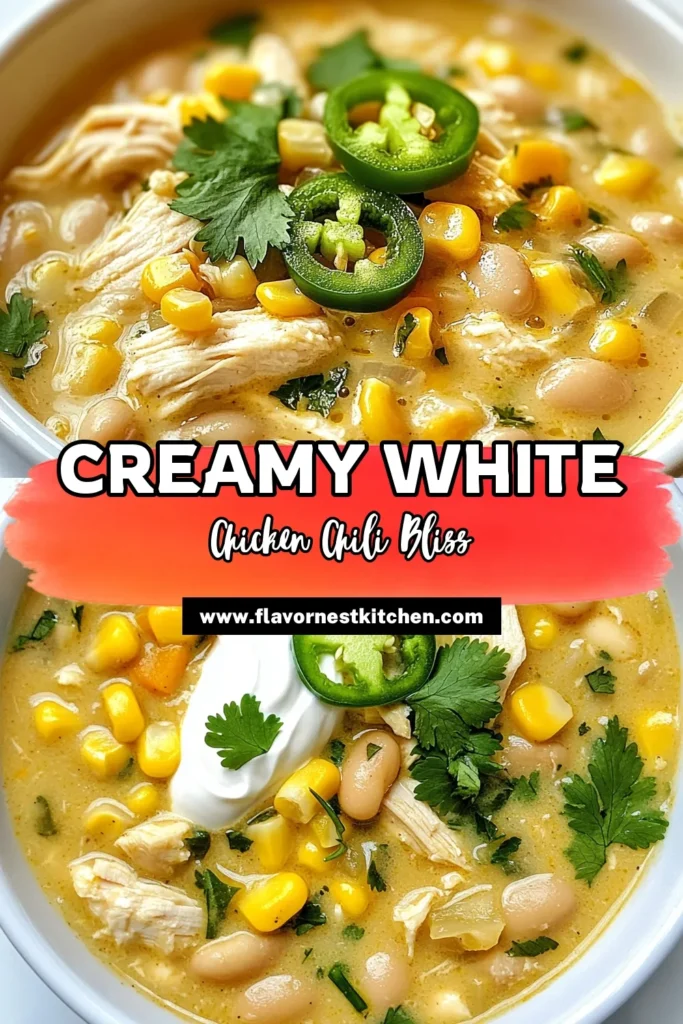 Warm up with this creamy white chicken chili, the perfect one-pot chicken recipe that's both easy and delicious! This easy chicken chili recipe combines juicy chicken, white beans, and a touch of spice for a flavorful meal. Perfect for cozy nights, this spicy white chicken chili is sure to impress. Don't forget to save this recipe for future cravings! #WhiteChickenChili #EasyChickenChili #OnePotRecipe #WhiteBeanChili