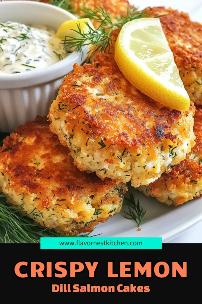 Try these delicious Lemon Dill Salmon Cakes for a healthy and easy seafood recipe! This Salmon Cake Recipe features fresh salmon, zesty lemon, and aromatic dill for a flavorful meal. Made with panko, these healthy salmon patties are perfect for any occasion. In just 25 minutes, you can enjoy these golden, crispy salmon cakes. Don’t forget to save this recipe for a delightful weeknight dinner! #salmonrecipes #seafoodlovers #healthyeating #dinnerideas