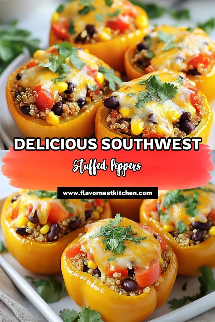 Elevate your dinner with these flavorful Southwest Quinoa Stuffed Peppers! Packed with protein-rich quinoa and black beans, these healthy bell pepper recipes are perfect for a vegetarian meal. Enjoy delicious, satisfying quinoa stuffed peppers that are easy to make and bursting with southwest flavors. Ready to cook? Save this recipe and impress your family tonight! #SouthwestStuffedPeppers #QuinoaStuffedPeppers #HealthyRecipes #VegetarianCooking