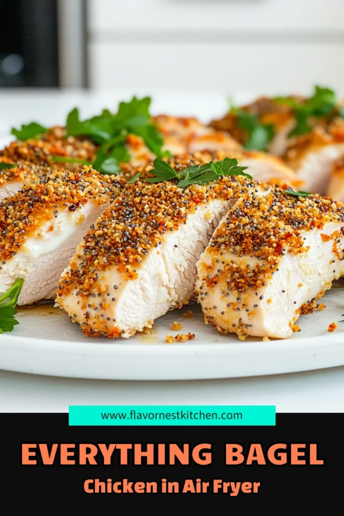 Get ready to enjoy Air Fryer Everything Bagel Chicken, a quick and delicious meal that's perfect for any night! Juicy chicken breasts are coated in a creamy yogurt mixture and crunchy everything bagel breadcrumbs, then air-fried to perfection. This recipe is simple, healthy, and bursting with flavor. Click through to discover the full recipe and tips for serving this tasty dish! #AirFryerRecipes #HealthyEating #ChickenDinner #QuickMeals