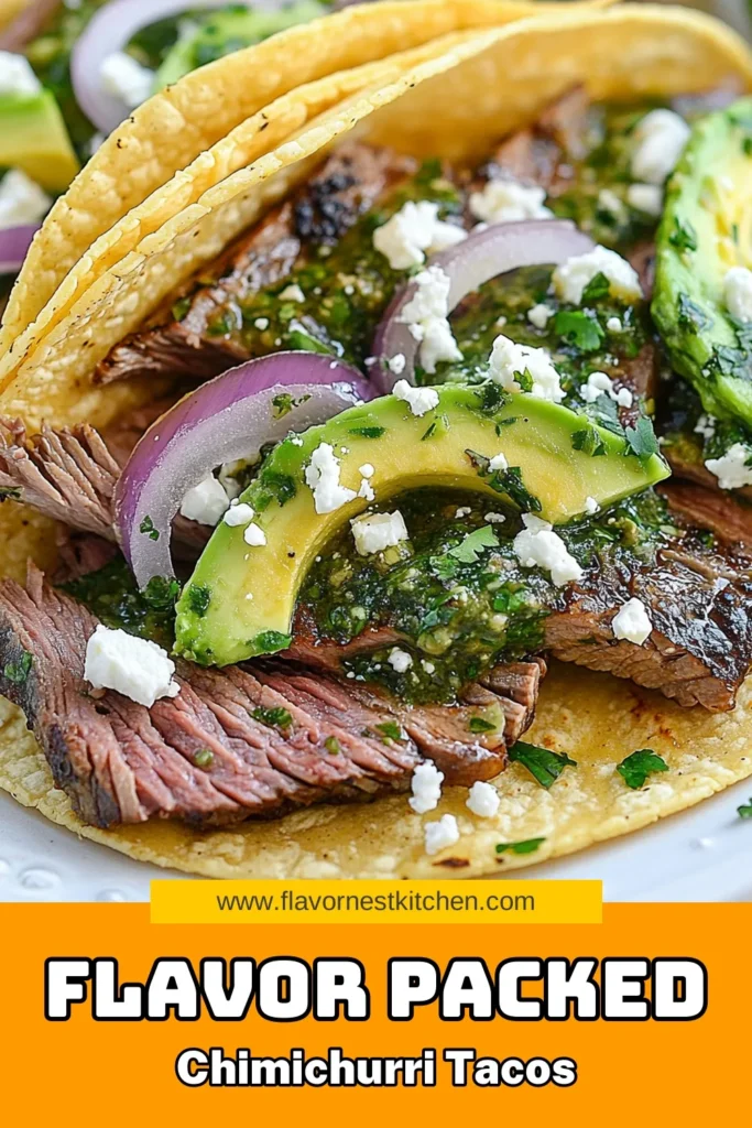 Savor the deliciousness of Chimichurri steak tacos with this easy flank steak tacos recipe! The combination of juicy flank steak, avocado tacos with chimichurri, and a homemade easy chimichurri sauce recipe creates the perfect corn tortilla taco filling. Perfect for a quick meal, these tacos are sure to impress! Click to get the full recipe and bring the taste of Mexico to your table. Save for later! #ChimichurriSteakTacos #TacoRecipes #FlankSteak #EasyDinnerIdeas