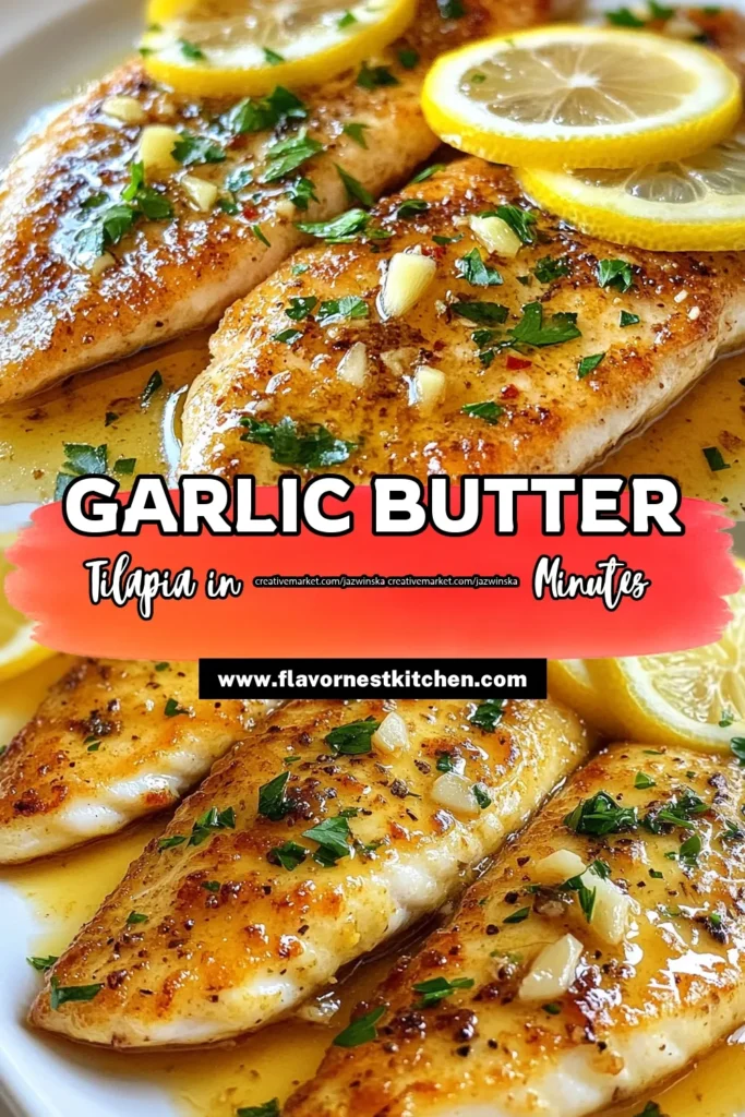 Discover a delicious Garlic Butter Tilapia recipe that's perfect for any night of the week! This easy tilapia dish takes just 25 minutes to prepare, making it an ideal choice for busy evenings. Enjoy the flavors of baked tilapia with garlic and a zesty squeeze of lemon for a healthy fish recipe the whole family will love. Try this lemon garlic tilapia today and elevate your dinner routine! Save and share! #GarlicButterTilapia #EasyTilapiaDishes #HealthyFishRecipes #LemonGarlicTilapia