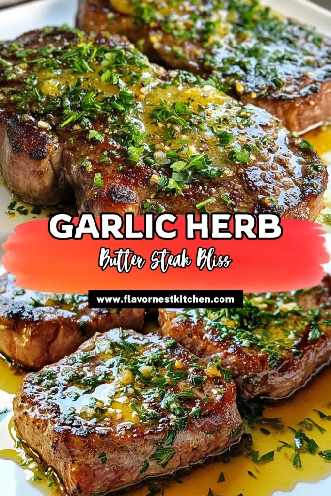 Indulge in this delicious Garlic Herb Butter Steak Skillet that’s perfect for an easy steak dinner recipe! Featuring ribeye steak cooked to perfection, this skillet steak cooking method ensures a tender and flavorful meal. Sear your garlic butter seared steak with rich garlic herb butter for an unforgettable taste. Try this ribeye steak skillet recipe and elevate your dining experience tonight! Save for later and impress your guests! #GarlicHerbButterSteak #SteakDinner #EasyRecipes #SkilletCooking