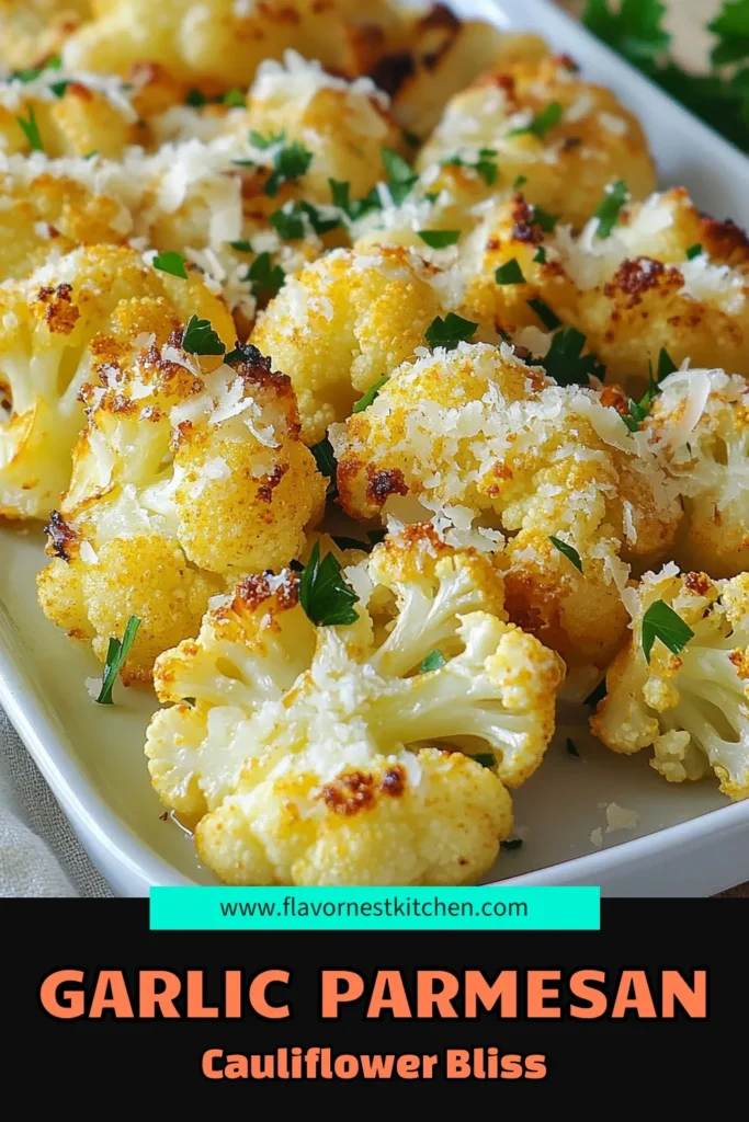 Discover the mouthwatering Roasted Garlic Parmesan Cauliflower recipe that's perfect for a healthy cauliflower side dish. This easy cauliflower recipe combines tender florets, roasted garlic, and melted Parmesan for a satisfying flavor. Oven roasted vegetables have never been so delicious! Impress your family with this nutritious, flavorful dish. Save this recipe for your next meal! #RoastedGarlicCauliflower #HealthySideDish #EasyCauliflowerRecipes #OvenRoastedVegetables