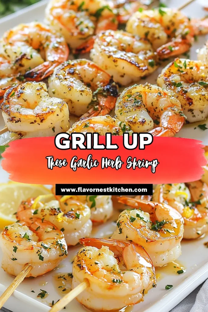 Looking for a delicious and easy shrimp skewers recipe? Try these Garlic Herb Shrimp Skewers! Marinated in a flavorful blend of garlic and herbs, these grilled shrimp skewers are perfect for your next BBQ. This shrimp marinade recipe provides a burst of flavor, making them a must-try. Perfect for quick weeknight dinners or gatherings, they're sure to impress! Save this recipe today! #GarlicShrimpSkewers #HerbShrimpRecipes #GrilledShrimpSkewers #EasyShrimpSkewers