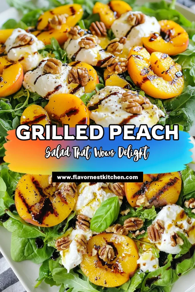 Looking for a refreshing summer salad recipe? Try this delicious Grilled Peach Burrata Salad! Featuring succulent grilled peaches, creamy burrata cheese, and mixed greens, this healthy peach salad is perfect for warm days. Toss in toasted walnuts and a balsamic reduction for a delectable twist. Easy to make and beautifully presented, it's sure to impress. Save this grilled peach salad for your next summer gathering! #GrilledPeachSalad #BurrataCheeseSalad #SummerSaladRecipe #HealthyPeachSalad
