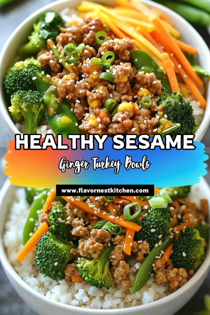Looking for a quick dinner idea? Try these delicious sesame ginger turkey bowls! This healthy turkey bowl recipe features ground turkey, fresh vegetables, and an Asian-inspired sauce that's packed with flavor. Perfect for busy weeknights, these sesame ginger turkey bowls can be ready in just 25 minutes. Serve it over brown rice or quinoa for a nourishing meal everyone will love. Save this recipe for your next dinner! #GroundTurkeyRecipes #HealthyEating #QuickDinnerIdeas #AsianInspired