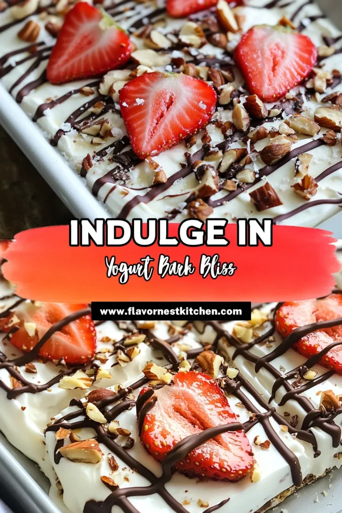 Discover the delicious and healthy Chocolate Strawberry Yogurt Bark that's perfect for satisfying your sweet tooth! This easy chocolate dessert combines creamy Greek yogurt with dark chocolate, fresh strawberries, and crunchy nuts for a delightful frozen yogurt snack. Make this healthy yogurt bark recipe in just 15 minutes and enjoy a guilt-free treat anytime. Don't forget to save this recipe for later! #ChocolateStrawberryYogurtBark #HealthyTreats #FrozenYogurtSnacks #EasyDesserts