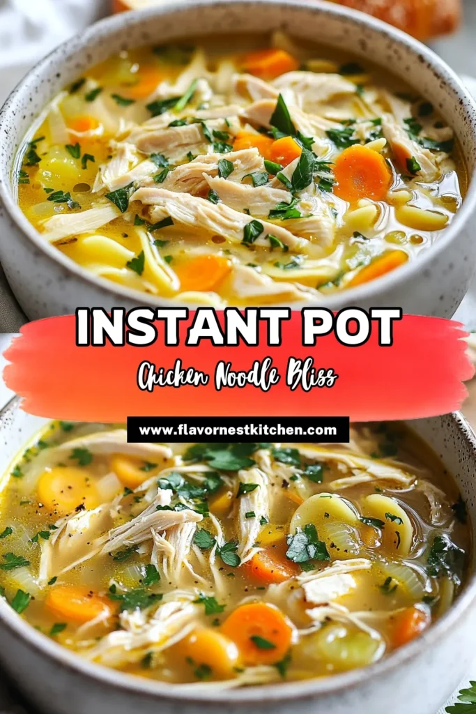 Warm up with this delicious Instant Pot chicken noodle soup! This cozy chicken soup recipe combines tender chicken, fresh veggies, and egg noodles for a hearty meal in no time. Perfect for busy weeknights, this easy chicken noodle soup is packed with flavor and is made in a pressure cooker, making it a must-try homemade chicken noodle soup. Save this recipe for a comforting family favorite! #InstantPotChickenNoodleSoup #ChickenSoup #EasyRecipes #ComfortFood