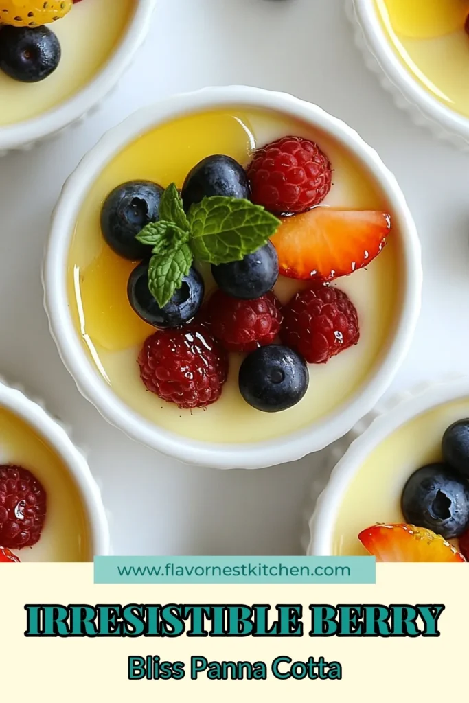 Indulge in this creamy vanilla panna cotta recipe, the perfect elegant dessert for any occasion! Crafted with a rich mixture of heavy cream and milk, this easy panna cotta with berries features a delightful berry panna cotta topping that enhances its natural sweetness. Impress your guests with this delicious berry bliss dessert! Check out the full recipe and save for later. #PannaCotta #DessertRecipes #VanillaDessert #BerryToppings