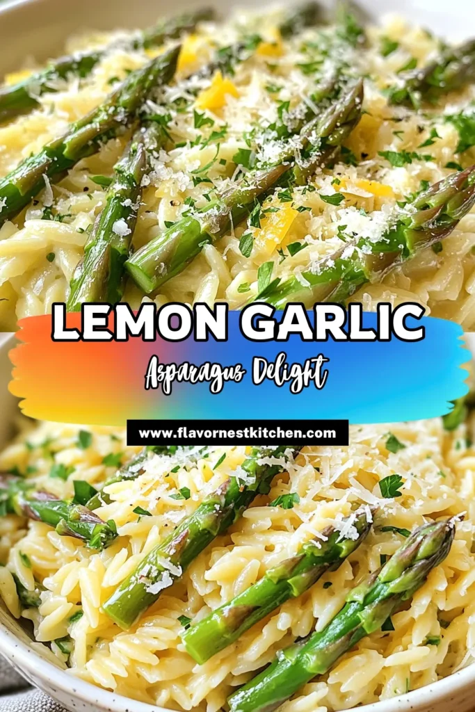 Delight in this Garlic Lemon Asparagus Recipe that's a standout among Orzo Pasta Dishes. This easy vegetarian recipe combines tender orzo with vibrant asparagus, garlic, and zesty lemon for a healthy asparagus side dish that's perfect for any meal. Quick Lemon Garlic Pasta never tasted so good! Try this 25-minute dish and elevate your dining experience. Save this recipe for a tasty, nutritious boost! #AsparagusRecipes #VegetarianCooking #EasyPasta #HealthyEating