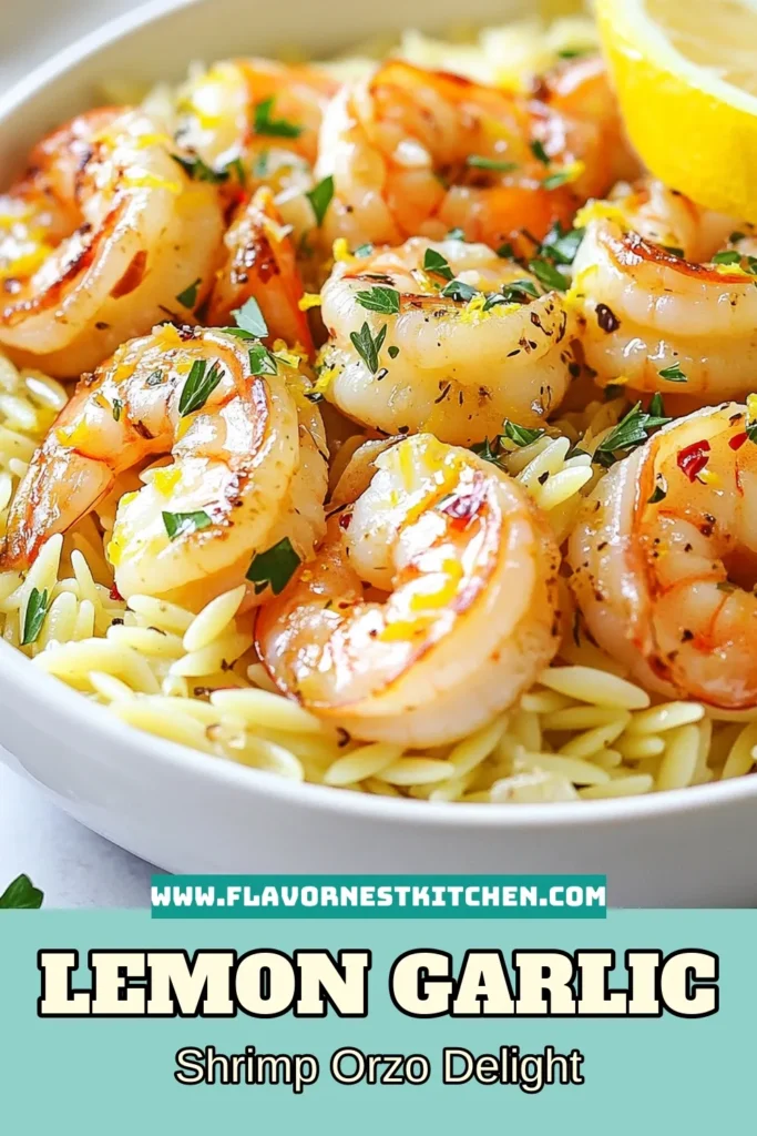 Discover the deliciousness of this Lemon Garlic Shrimp Orzo, an easy lemon shrimp orzo dish that’s perfect for a quick shrimp pasta meal! This zesty orzo shrimp recipe combines succulent shrimp with bright lemon and garlic flavors for a healthy shrimp dinner recipe your family will love. Ready in just 25 minutes, it’s perfect for busy weeknights. Try it today and save for later! #LemonGarlicShrimp #ShrimpOrzo #QuickRecipes #HealthyDinner